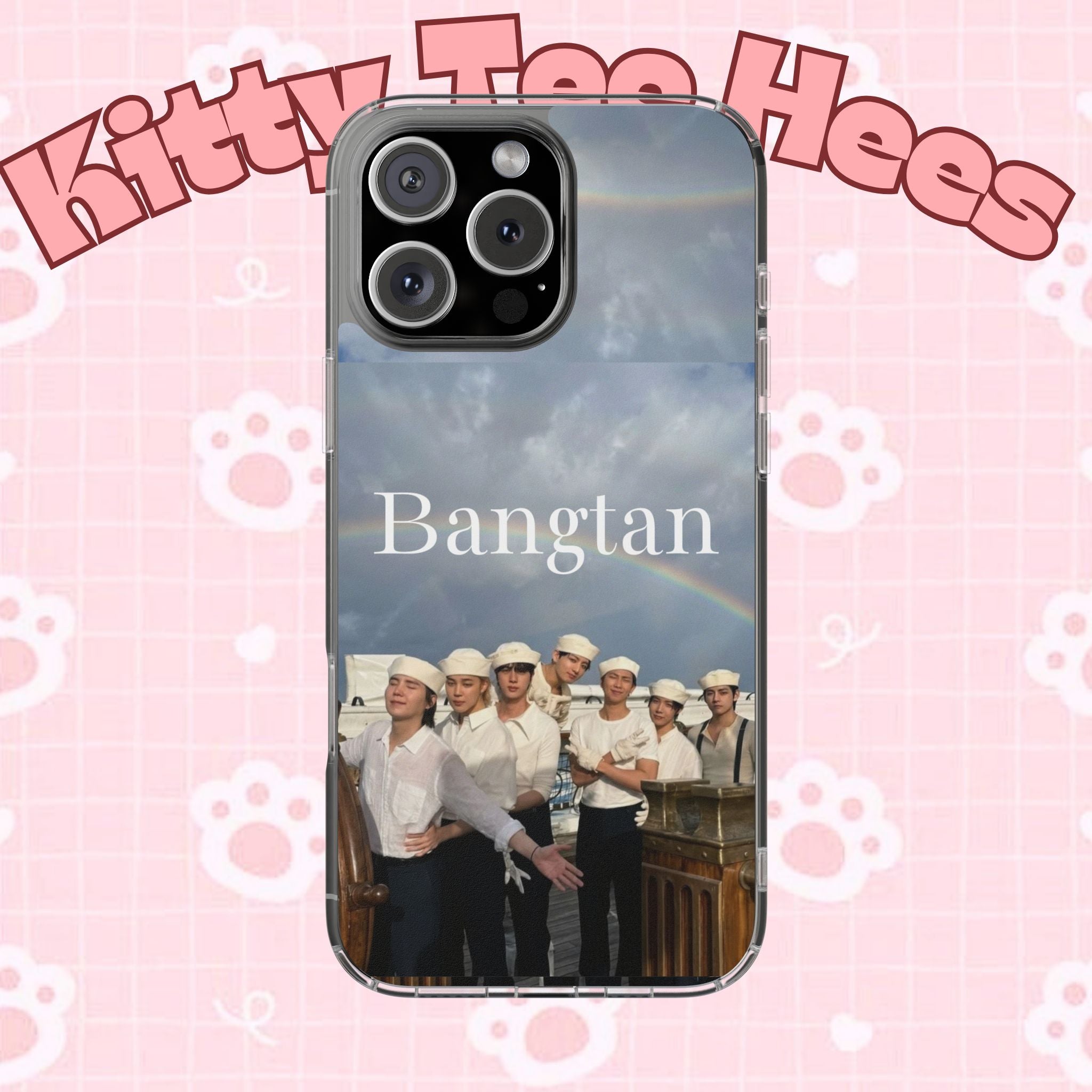 Clear impact-resistant Bangtan phone case featuring cute K-pop design for smartphones, custom printed by Printify.