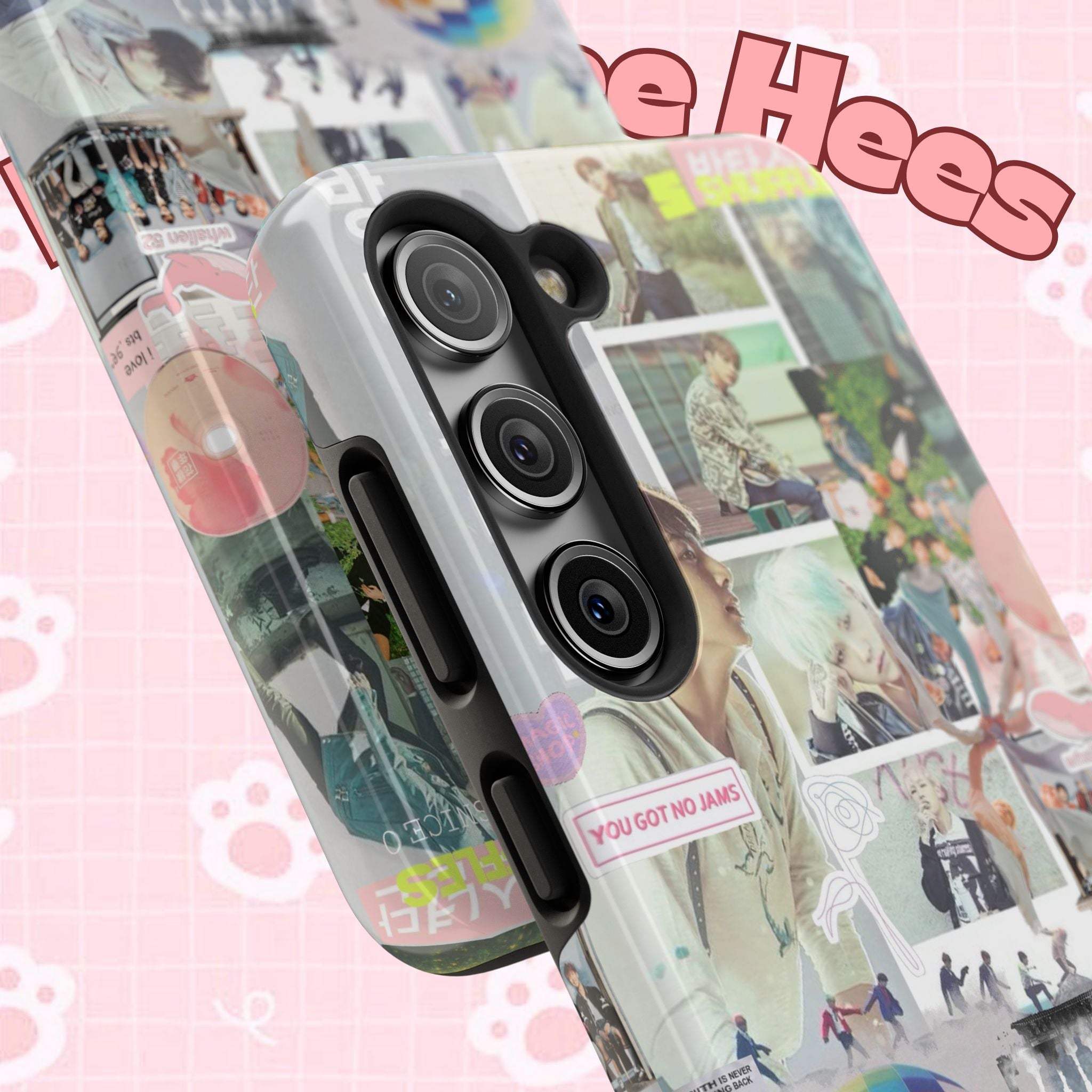 Printify BTS collage phone case for iPhone and Samsung featuring pastel hot air balloon and K-Pop photo collage design.