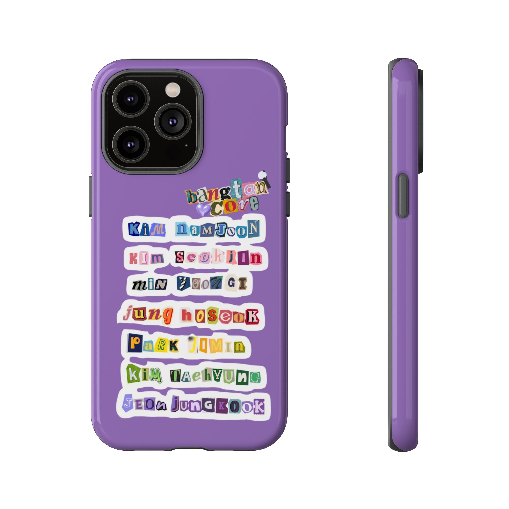 BTS member names phone case featuring Jungkook, Jimin, and Rap Monster for iPhone 17, with a tough protective design.