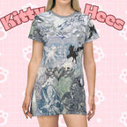 Ethereal floral cybercore T-shirt dress with flowing fabric, all-over print featuring fairy-inspired cyberpunk design for casual or festival wear.