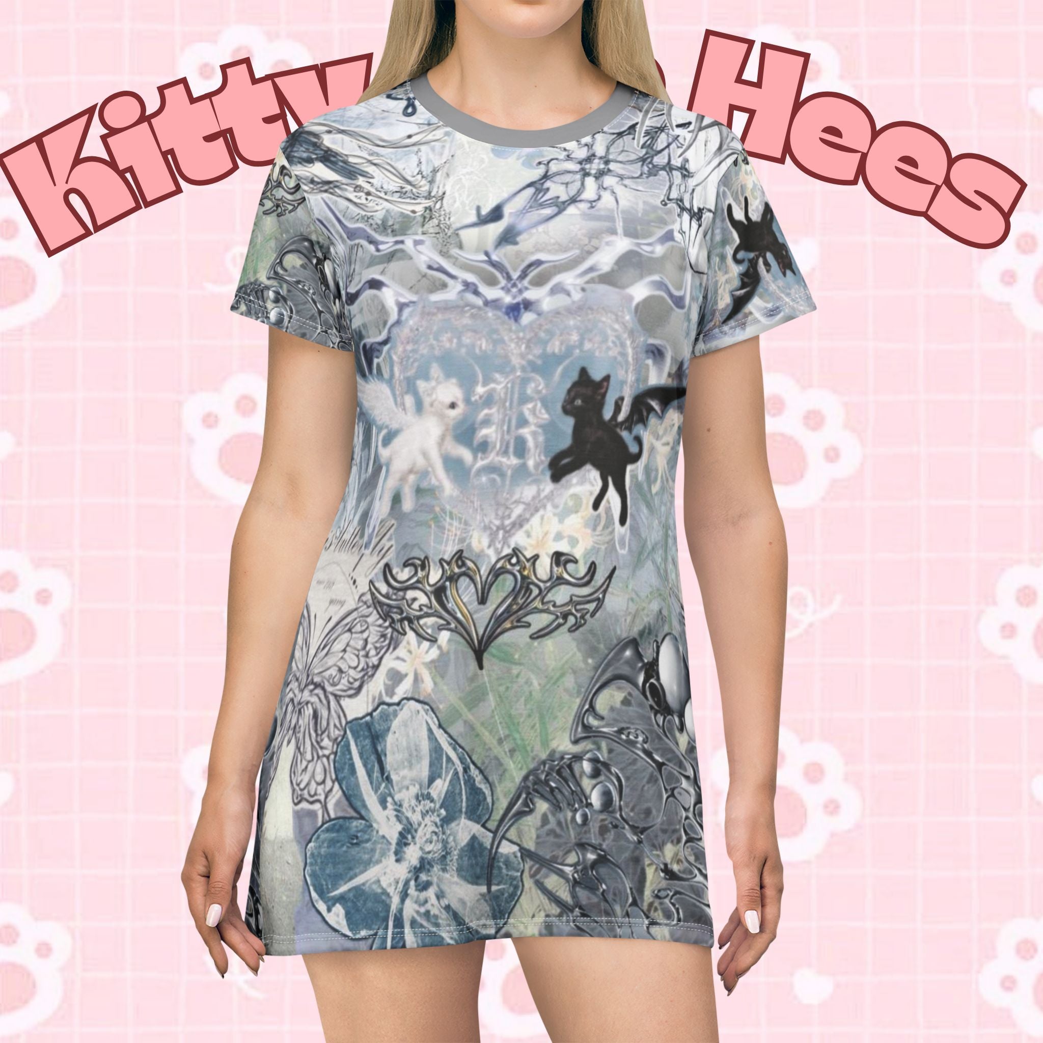 Ethereal floral cybercore T-shirt dress with flowing fabric, all-over print featuring fairy-inspired cyberpunk design for casual or festival wear.