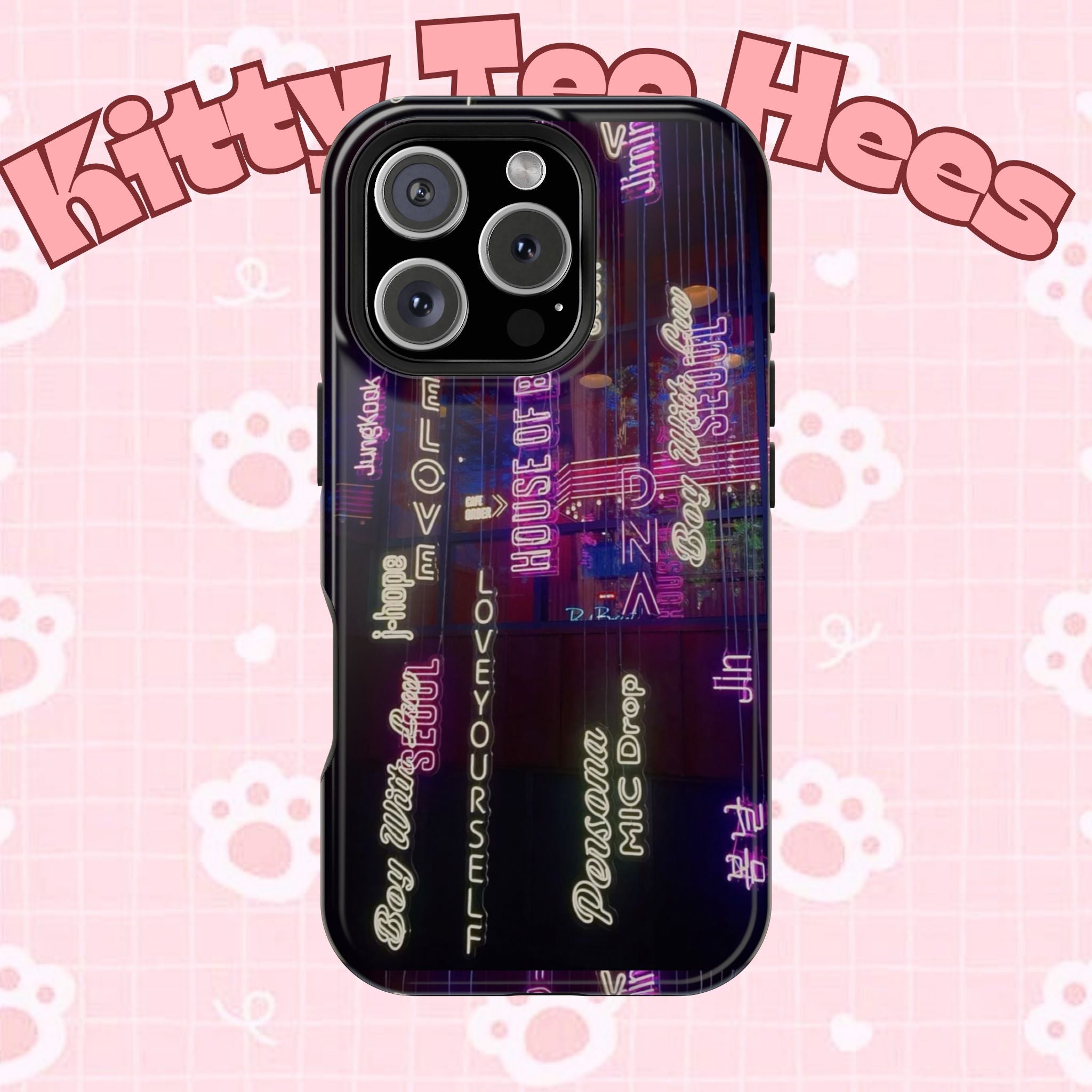 Neon Korean script BTS phone case for iPhone and Samsung, impact-resistant design with Bangtan Sonyeondan branding by Printify.
