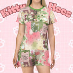 Pink and green floral apple star print T-shirt dress by Printify, casual boho spring outfit perfect for picnics and parties.