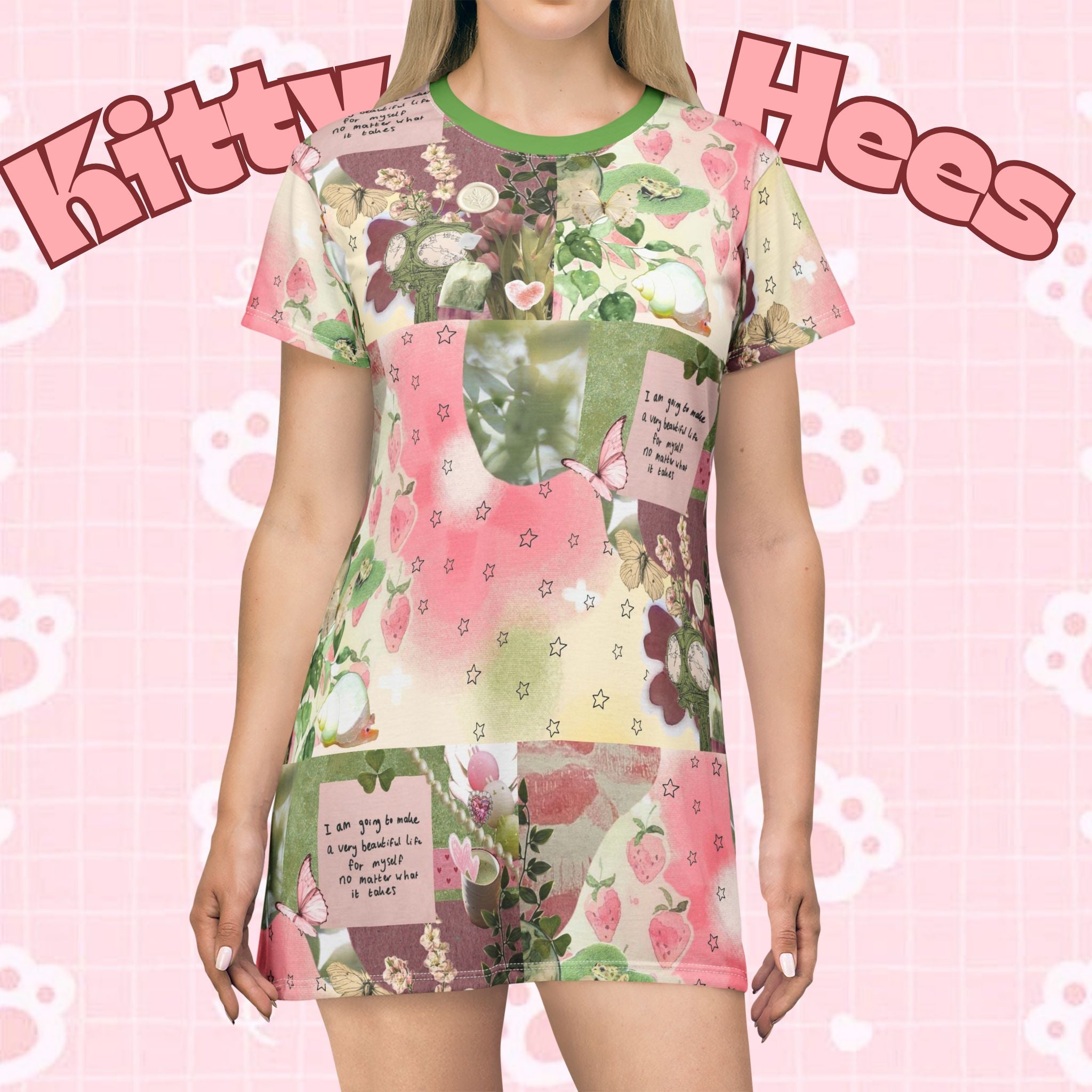 Pink and green floral apple star print T-shirt dress by Printify, casual boho spring outfit perfect for picnics and parties.