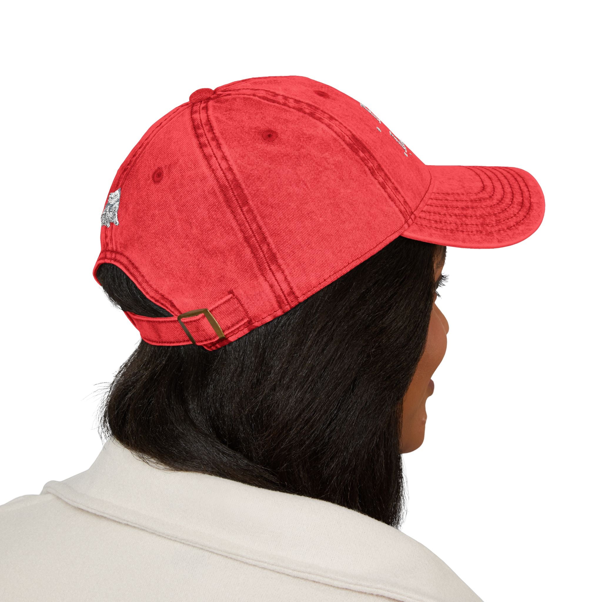 Vintage style embroidered cap with "Hot Girls Love Cats" design, casual wear hat by Printify featuring cat and vintage-inspired details.
