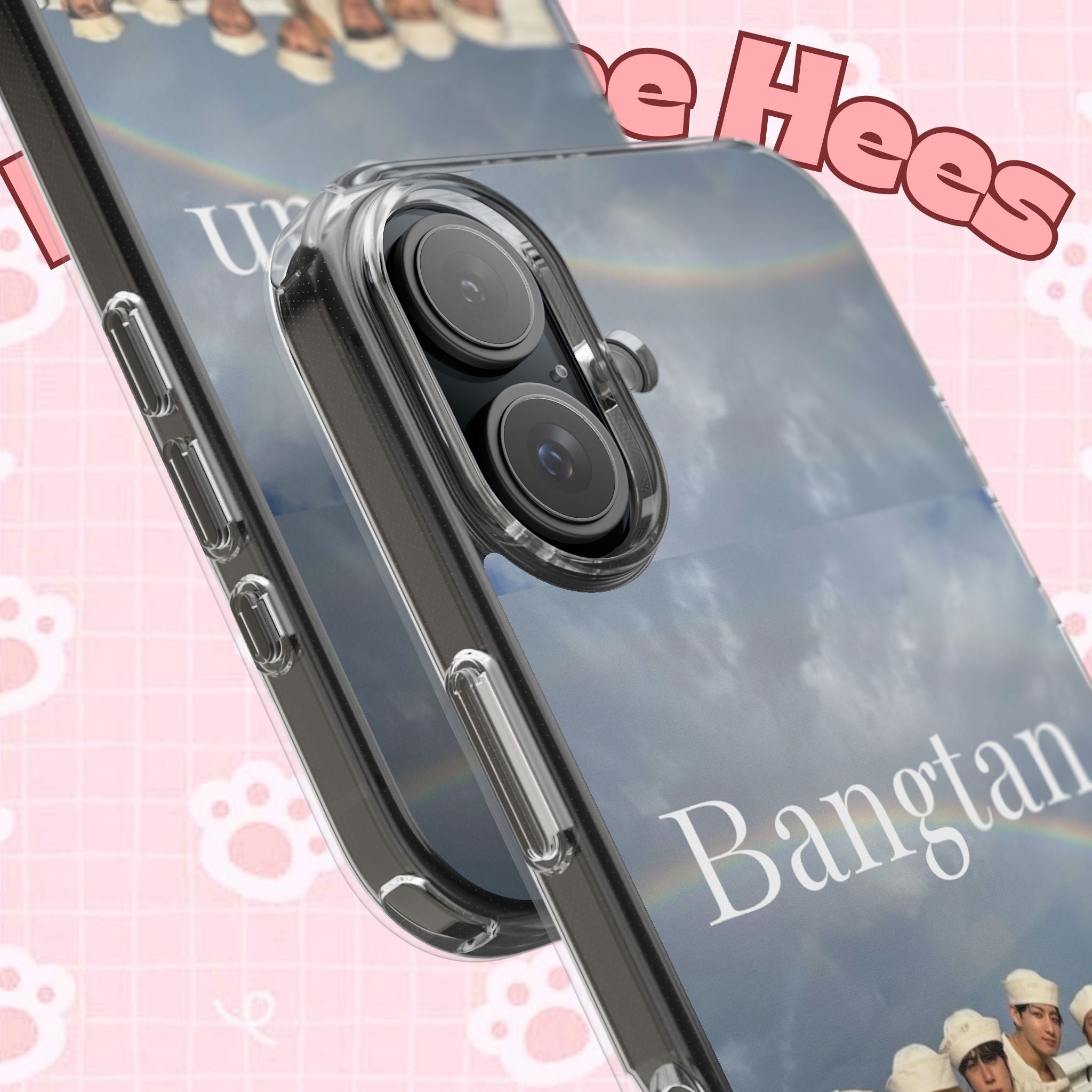 Clear impact-resistant Bangtan phone case featuring cute K-pop design for smartphones, made by Printify.
