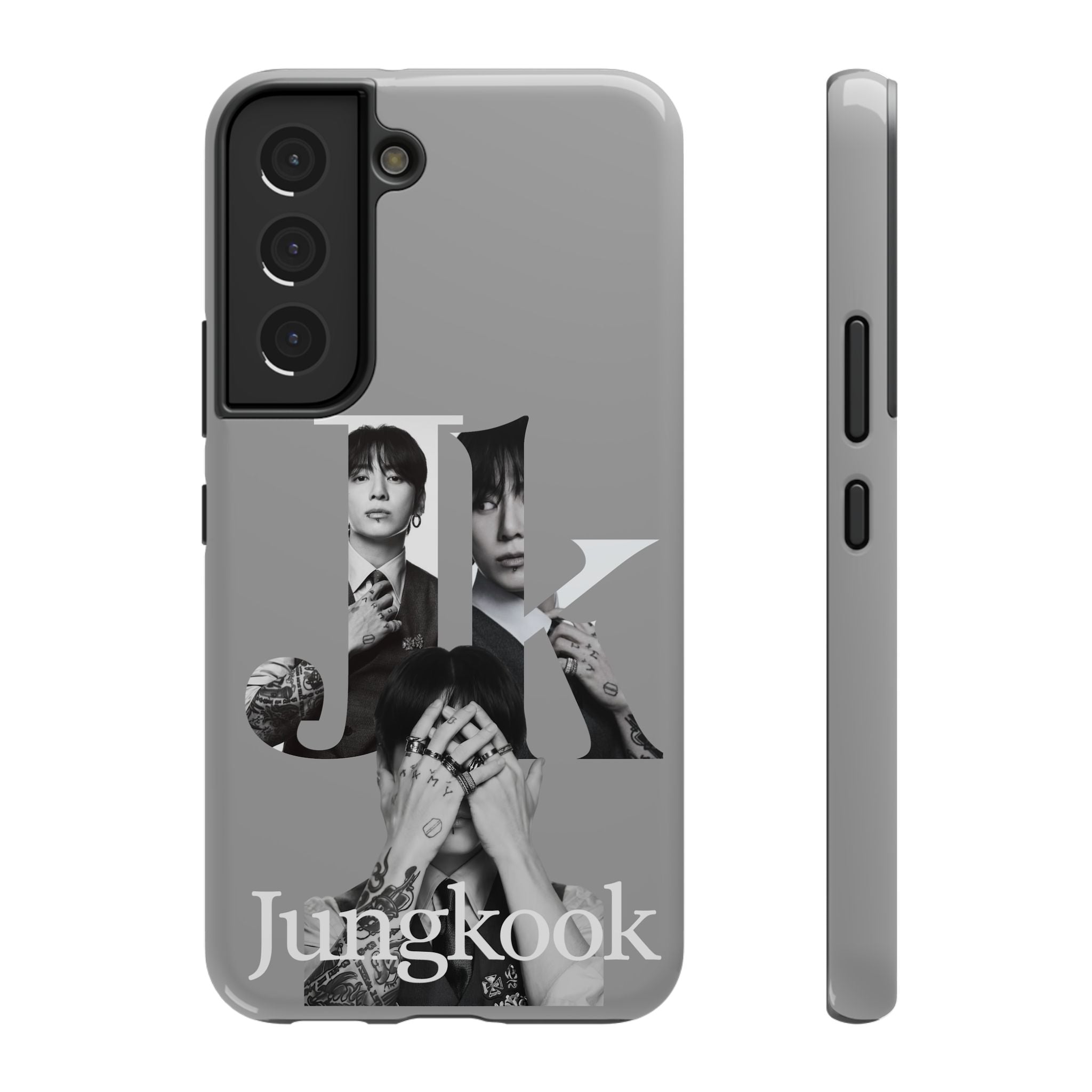 Printify BTS Jungkook monochrome impact-resistant phone case featuring bold letter design on a sleek background.