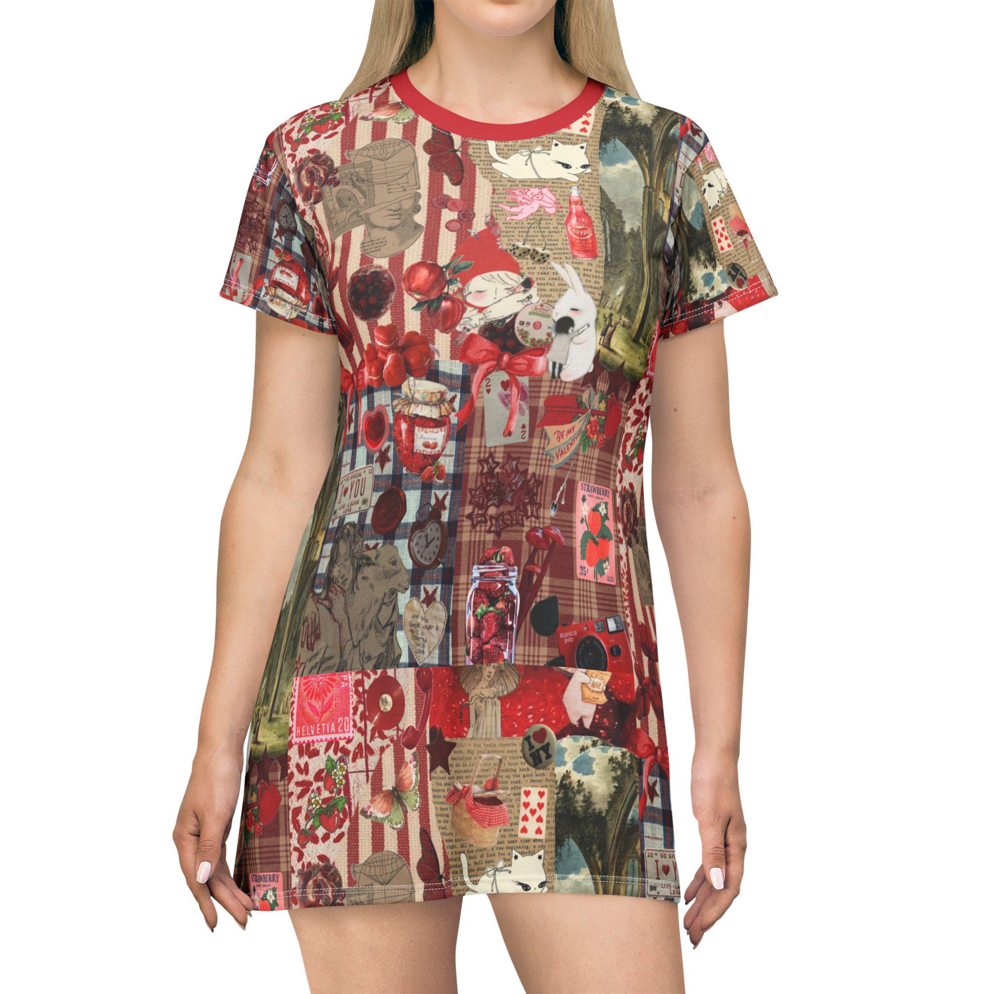 Newspaper Print T-Shirt Dress, Vintage Graphic Red Casual Dress - Kitty TeeHees