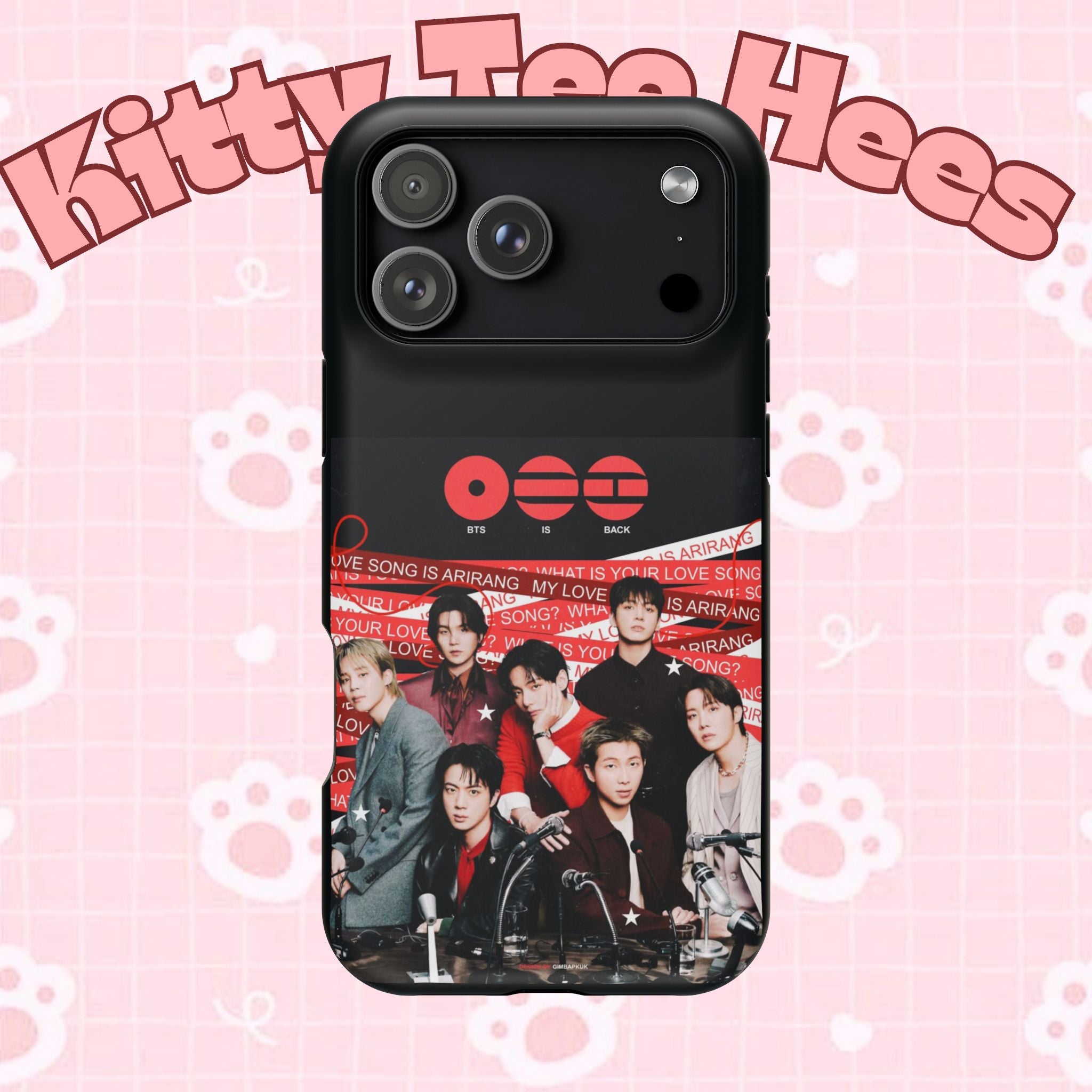 BTS Arirang phone case with Bangtan concert design, impact-resistant Printify phone case featuring K-Pop band photo.