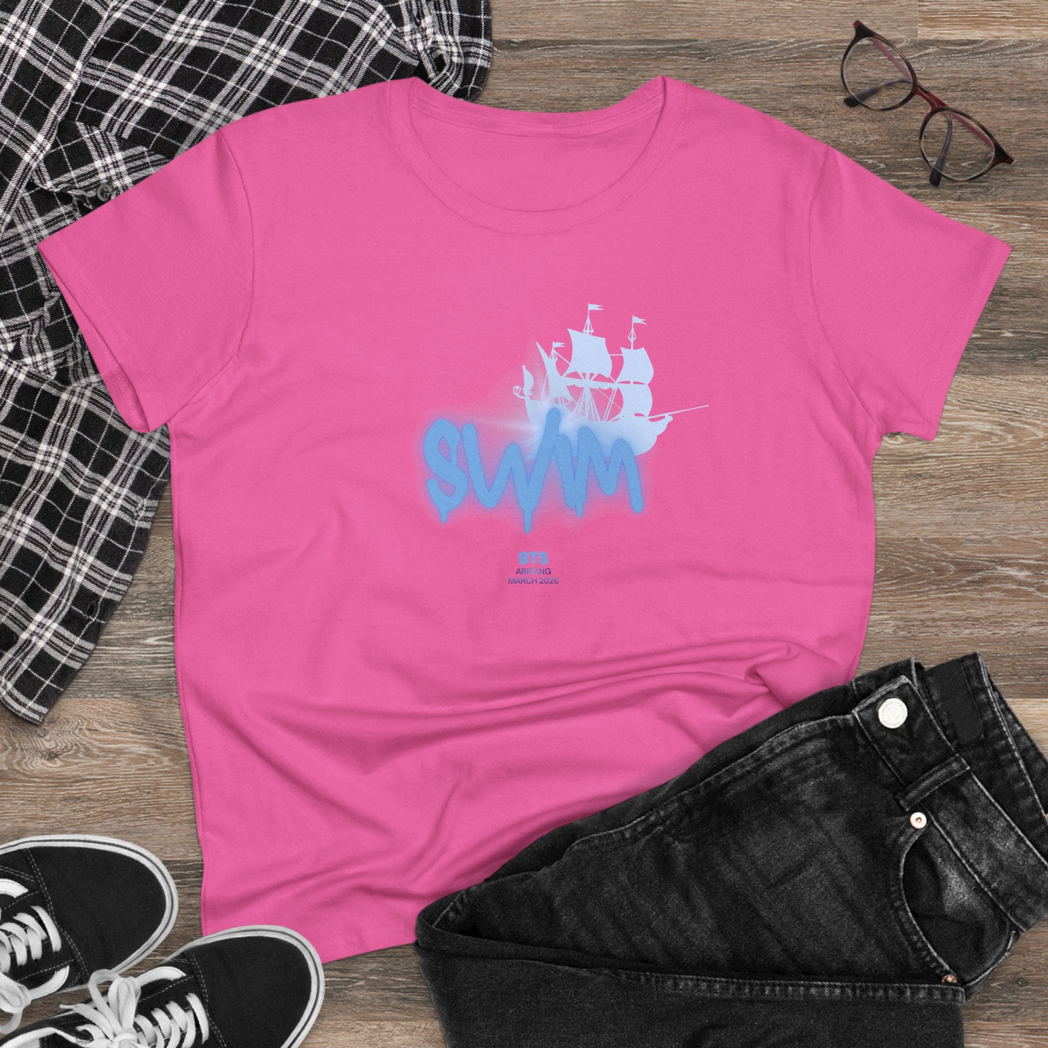 Women's BTS Swim shirt featuring Sailboat Script Logo, cotton concert tee for Bangtan World Tour fans, by Printify.