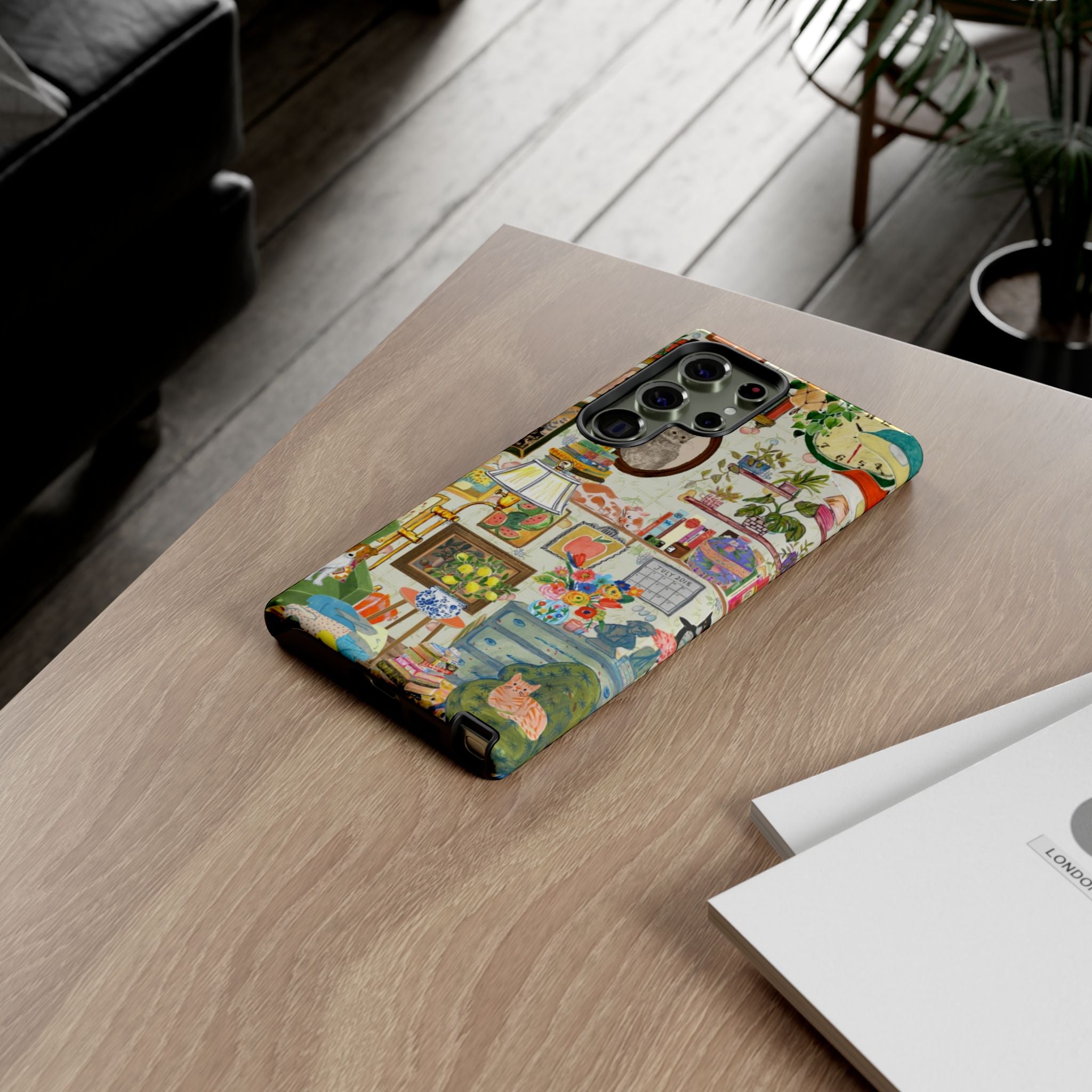 Cute cat portrait phone case for iPhone 17, Printify branded stylish and cozy living room themed pet home design.