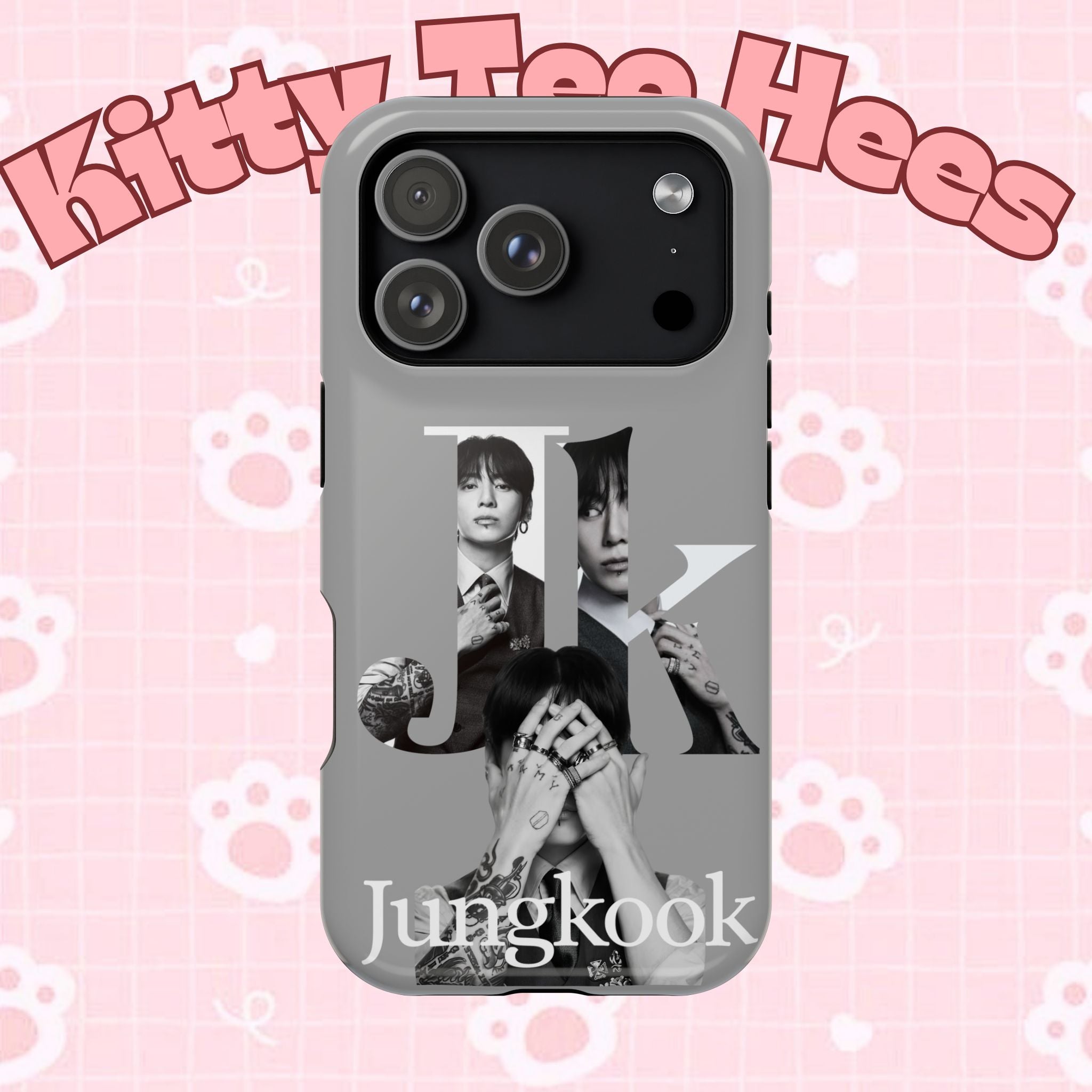 Monochrome BTS Jungkook phone case by Printify featuring bold letter design, impact-resistant protective cover for smartphones
