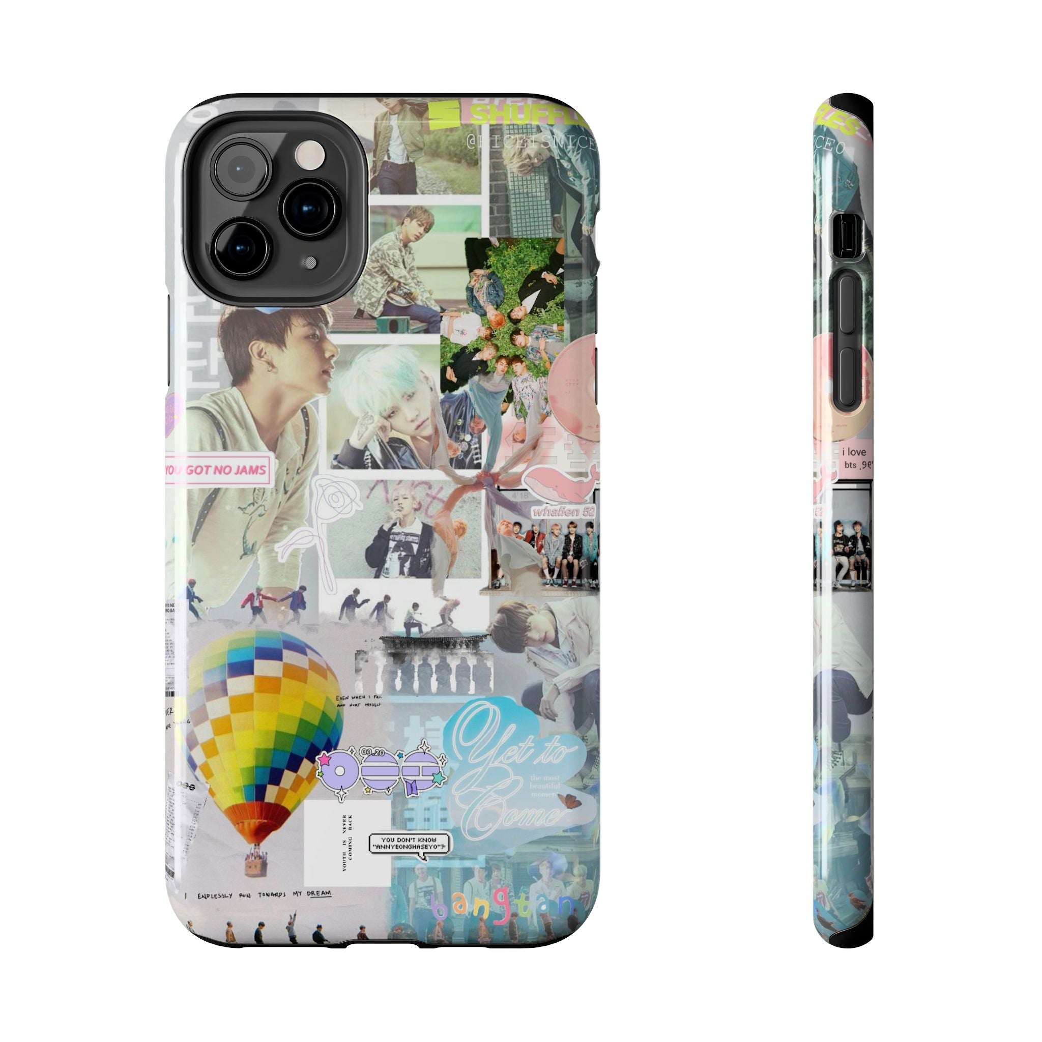 Printify BTS collage phone case for iPhone and Samsung, featuring pastel hot air balloons and K-Pop photo collage design.
