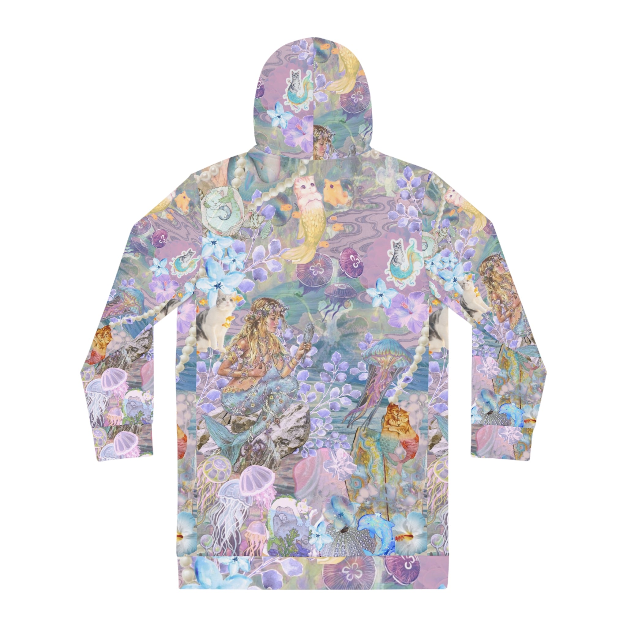 Mermaid Dreams women's hoodie dress with vibrant fantasy all-over print, cozy casual wear, ideal for beach days and ocean lovers.