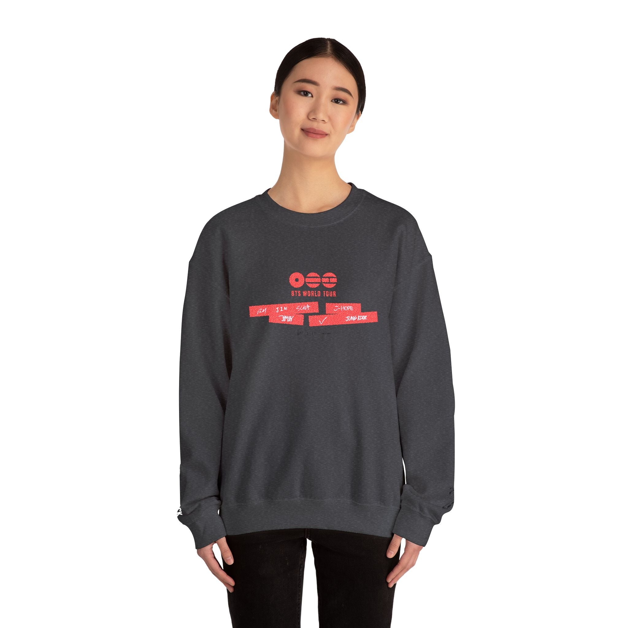 BTS ARIRANG 2026 Comeback sweatshirt by Printify featuring a concert tour design on a casual black sweatshirt.