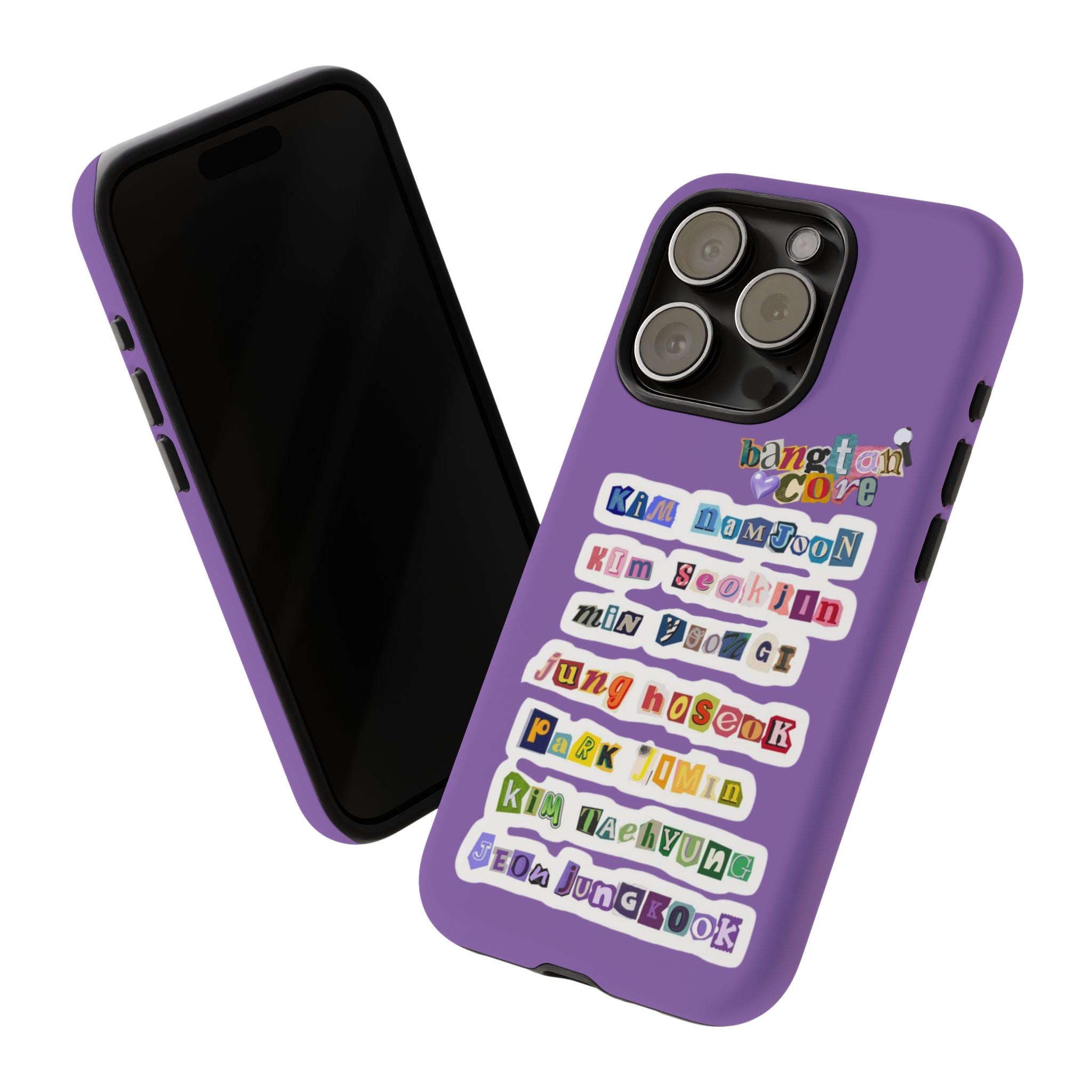 Printify BTS member names phone case for iPhone 17 featuring Jungkook, Jimin, and RM with rugged design and Bangtan Boys branding.