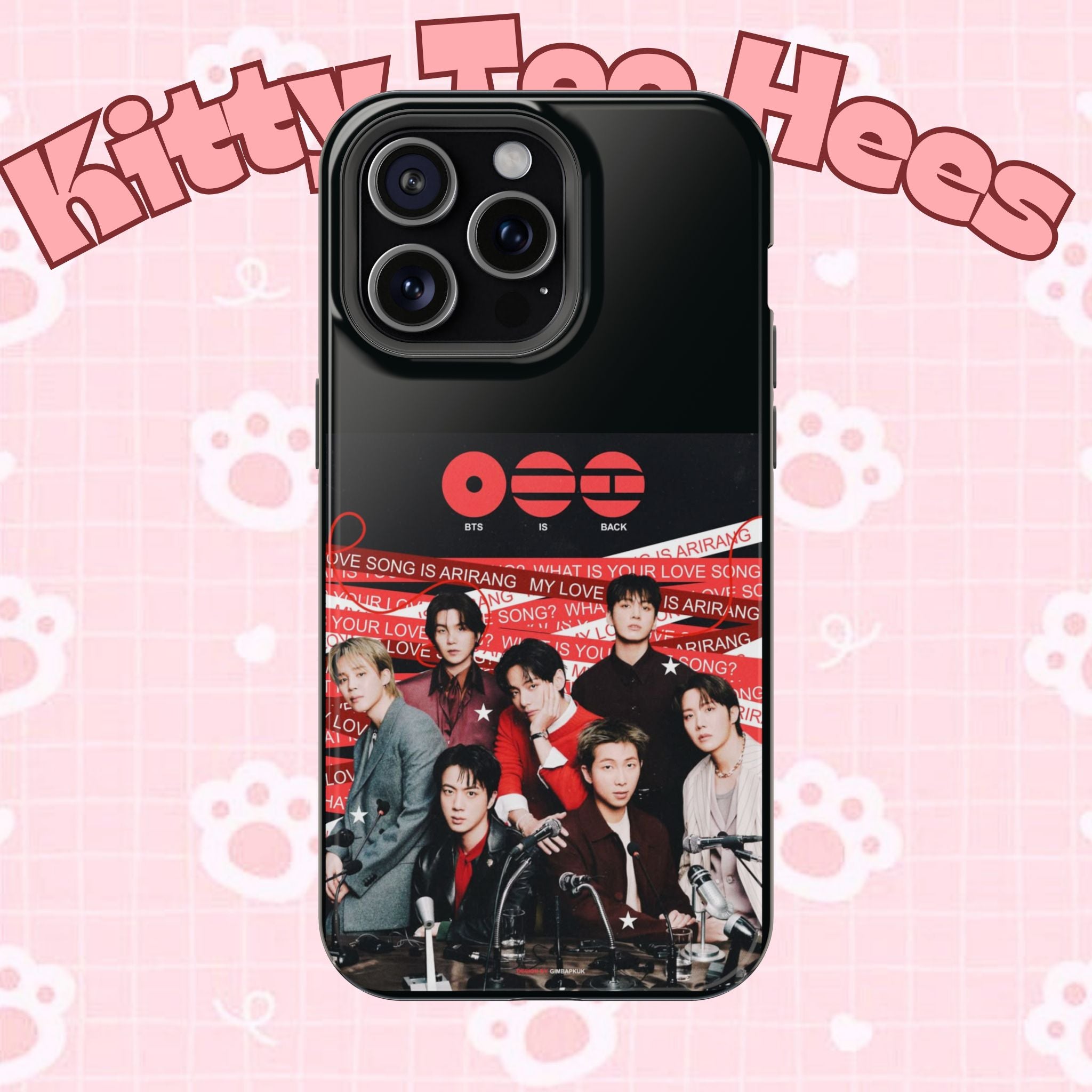 BTS Arirang phone case with K-Pop band photo, impact-resistant design, compatible with smartphones, by Printify.