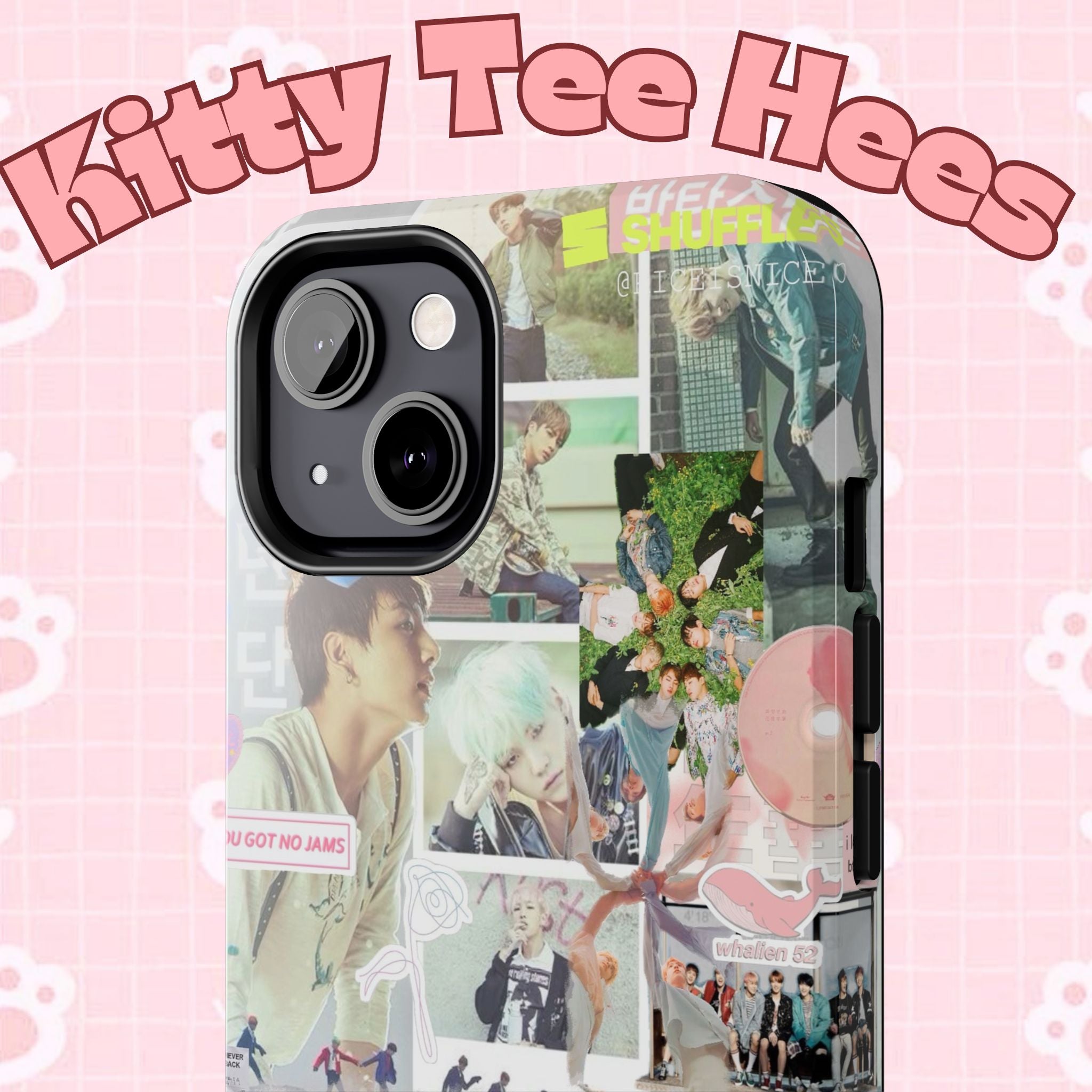 Printify BTS collage phone case for iPhone and Samsung with pastel hot air balloon and K-Pop photo collage design.