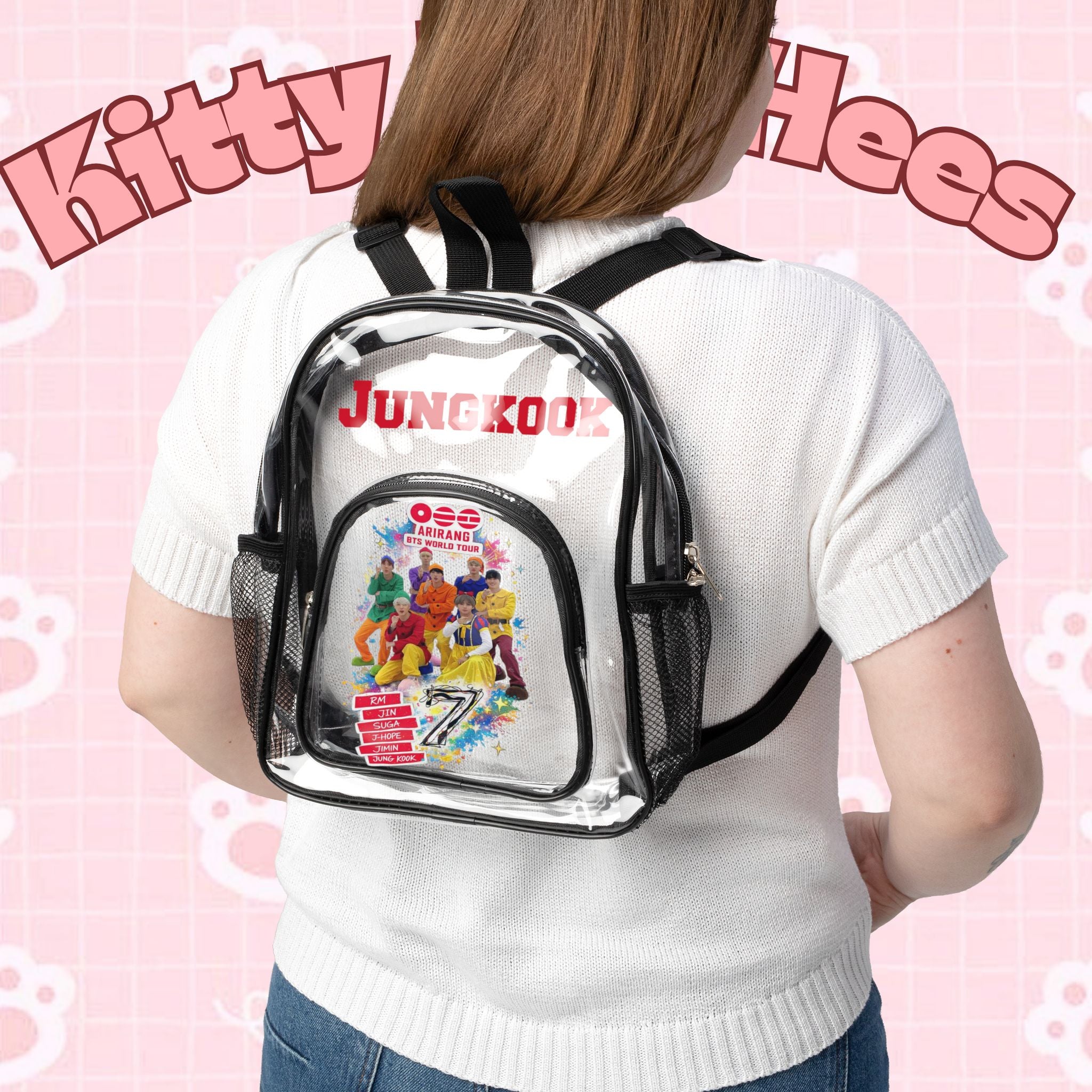 Transparent PVC BTS concert stadium backpack with clear design, ideal for school and event security, by Printify.