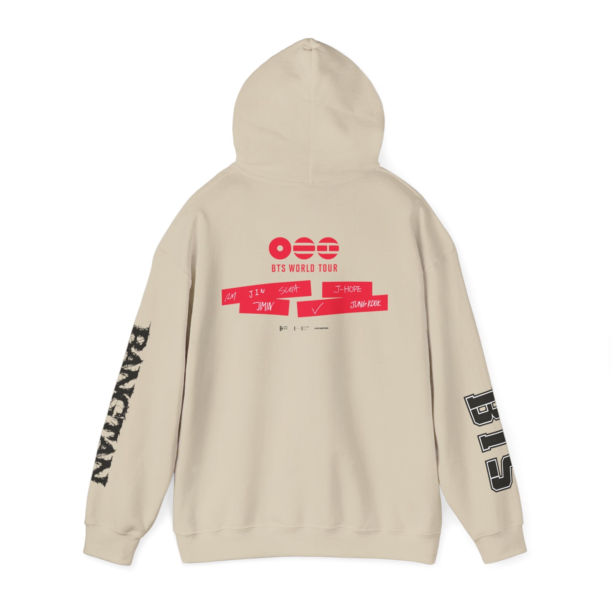 ARIRANG BTS world tour hoodie featuring graphic design and Bangtan sleeve artwork, casual sweatshirt inspired by BTS tour style.