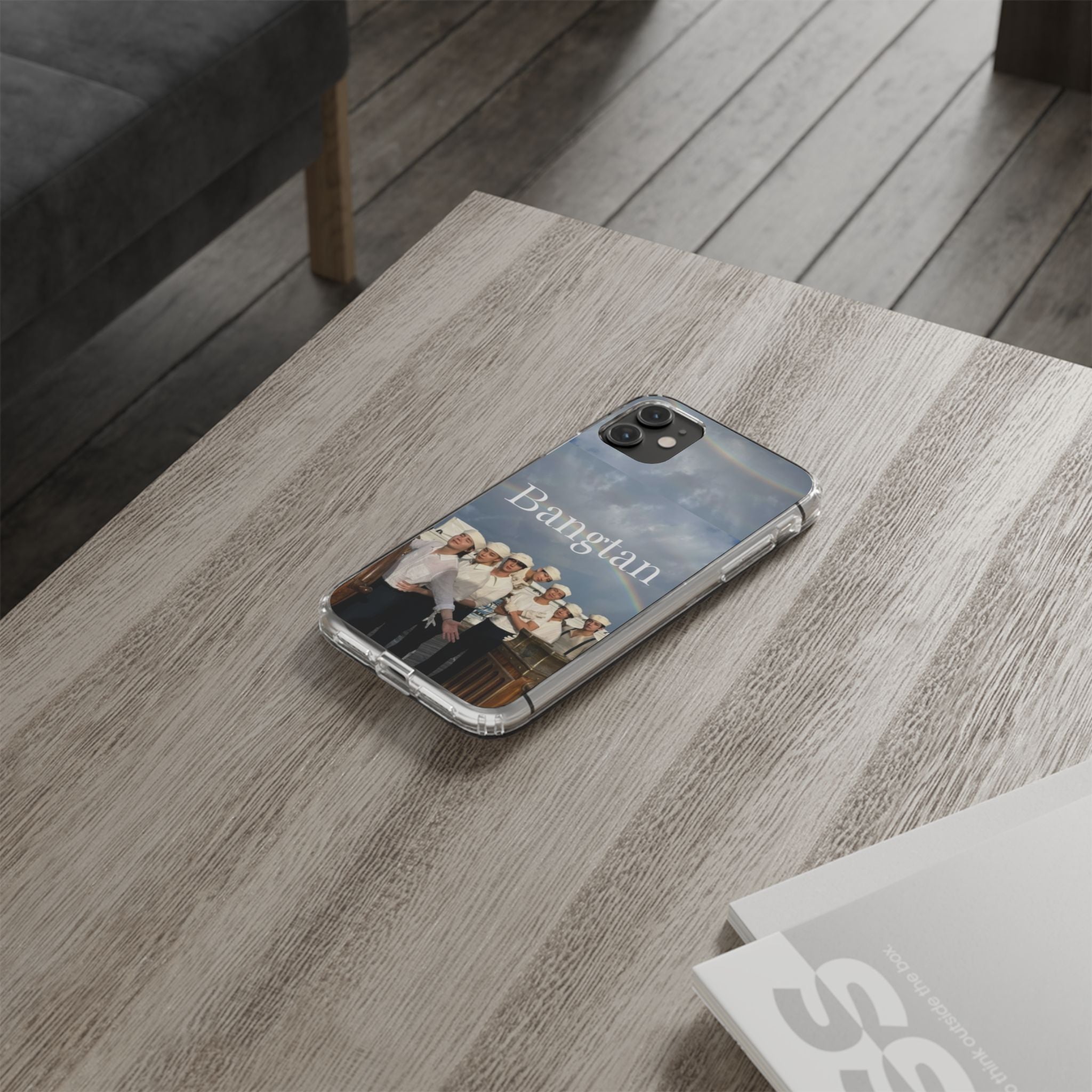 Clear Impact-Resistant Bangtan phone case featuring cute K-pop design from Printify, designed for smartphones.