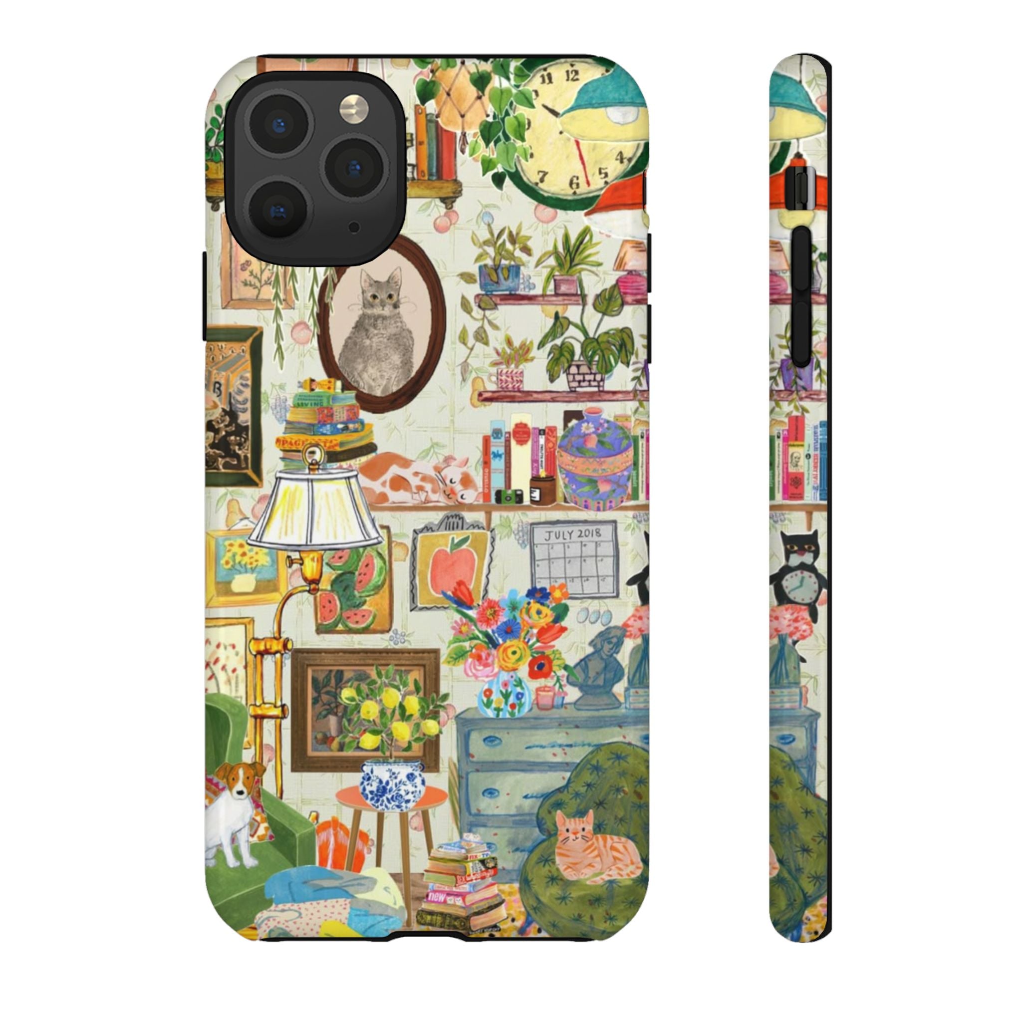 Cute cat portrait on a stylish framed phone case for iPhone 17, featuring cozy living room pet home design by Printify.