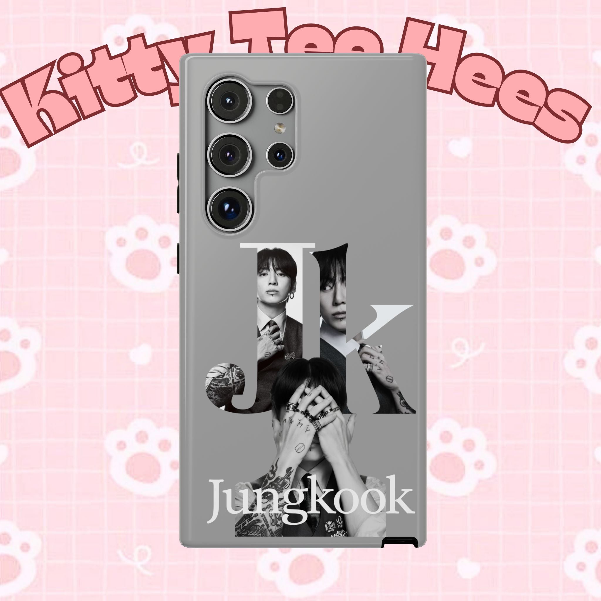 Monochrome BTS Jungkook phone case with letter design, impact-resistant Printify phone accessory for BTS fans.