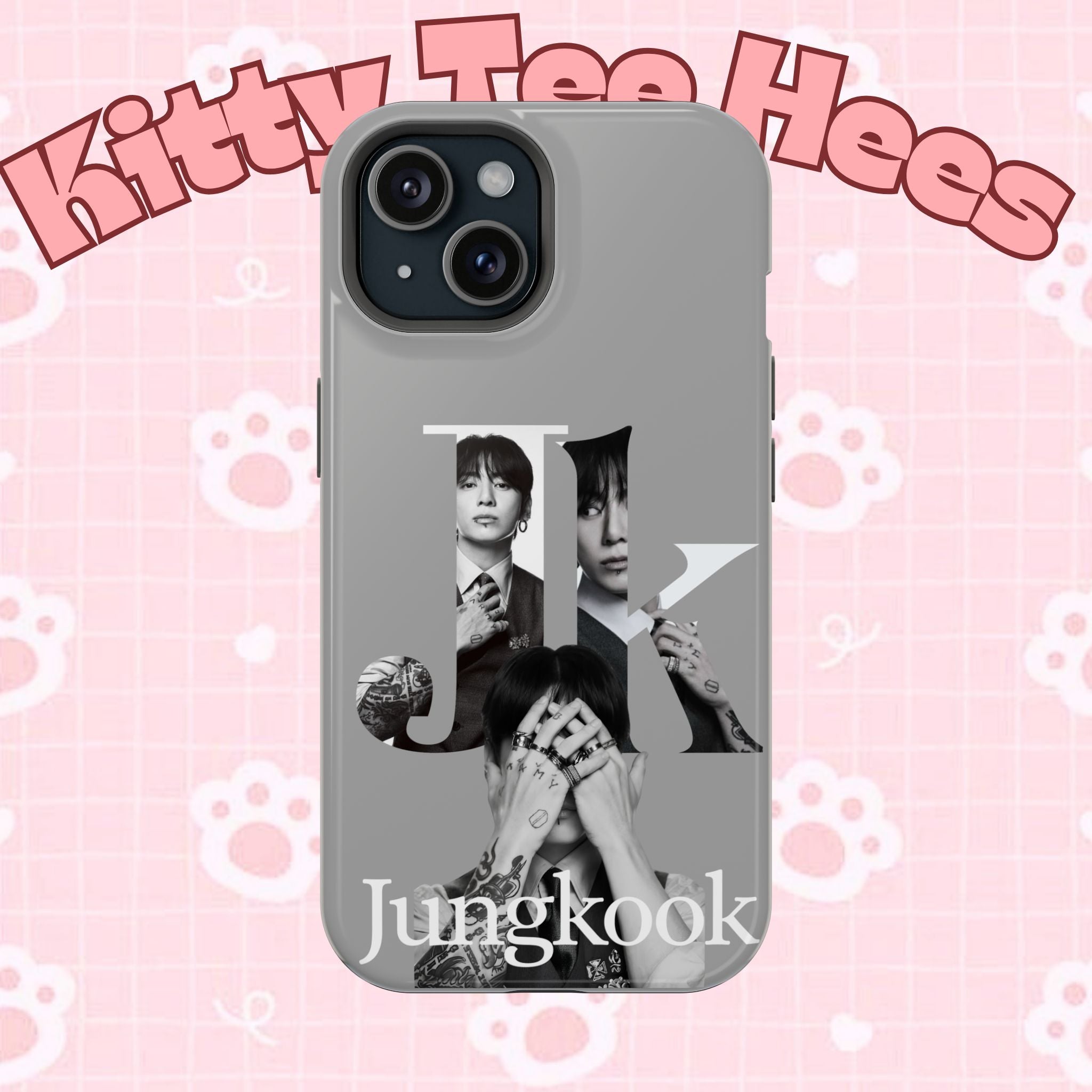 Monochrome BTS Jungkook impact-resistant phone case featuring letter design, compatible with various smartphone models.