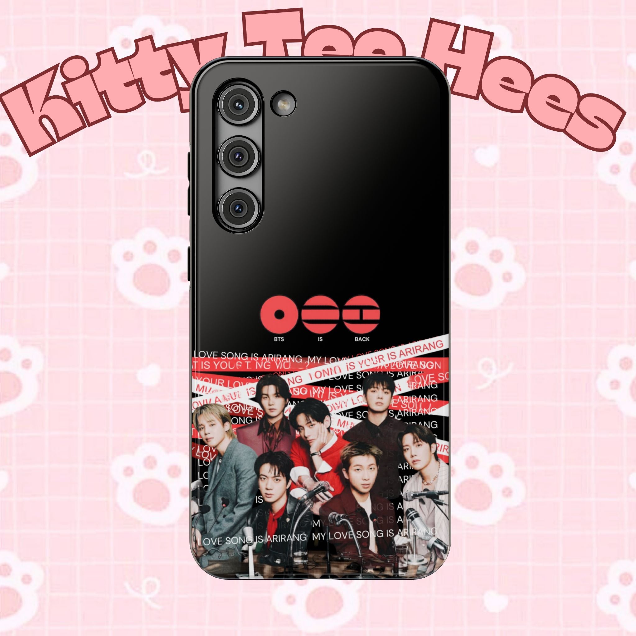 Custom BTS Bangtan phone case featuring fanmade K-pop band photo, impact-resistant design for iPhone or Android.