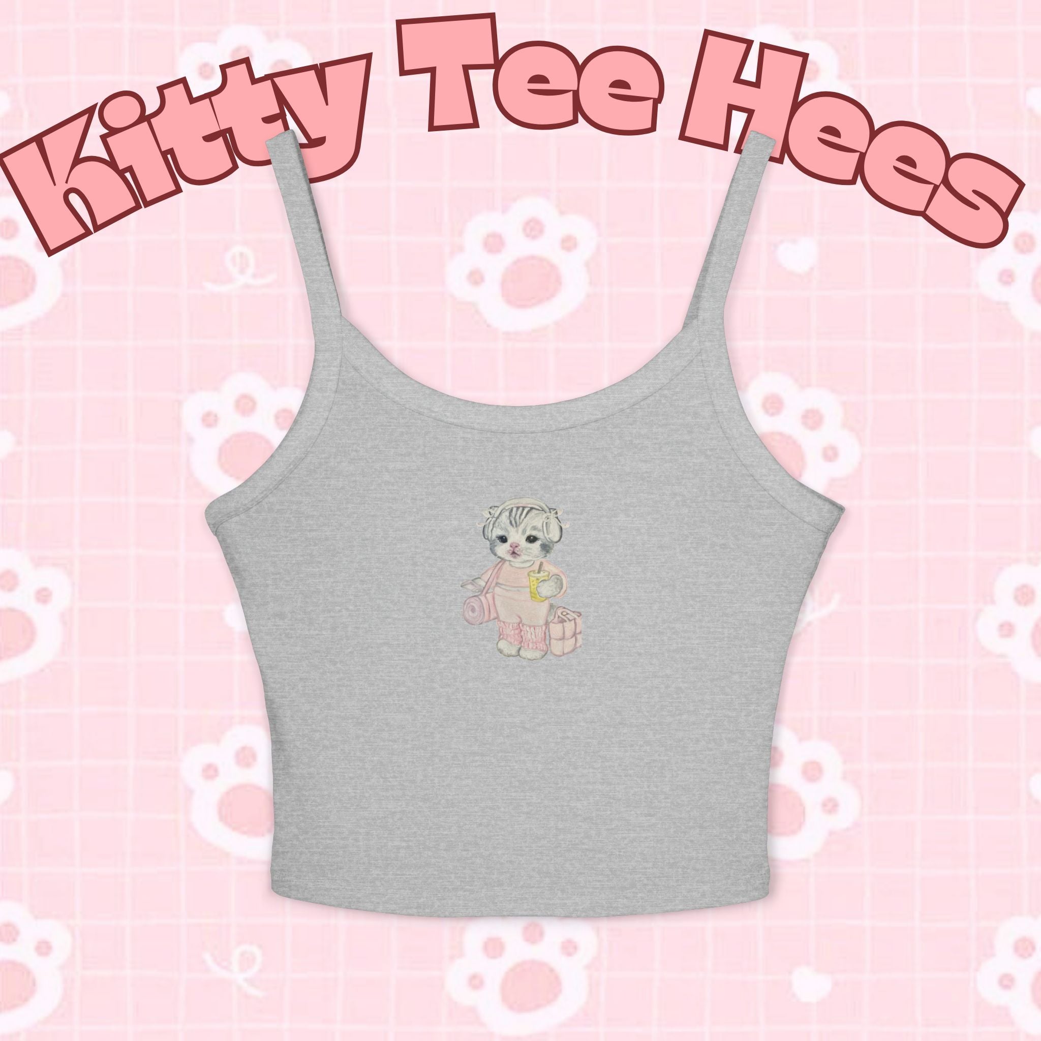 Cute pastel-colored spaghetti strap tank top for women featuring a Pilates cat and yoga cat design, ideal for summer wear.