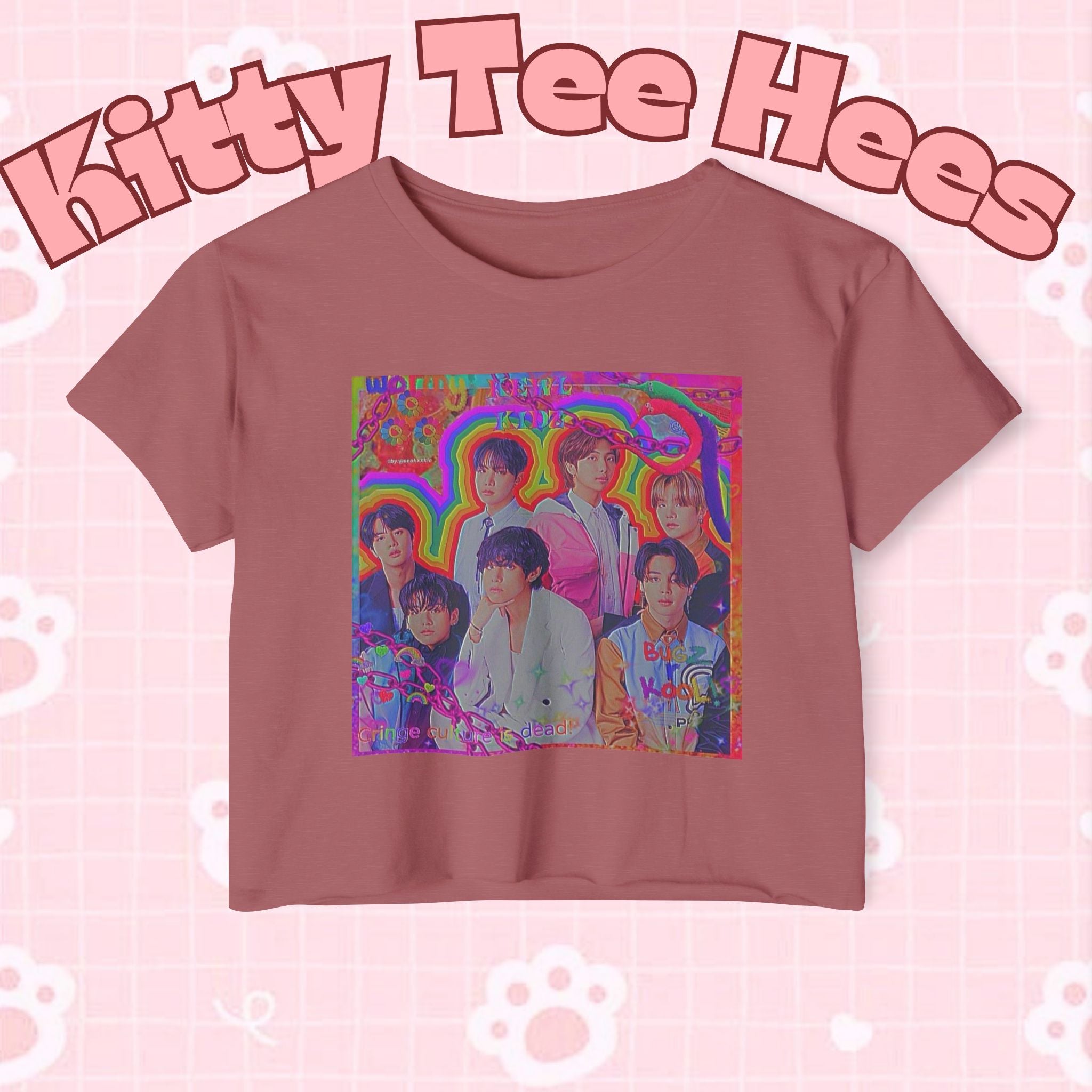 Colorful BTS kidcore T-shirt featuring a Bangtan Boys group photo, women's crop top perfect for festivals and K-Pop fans.