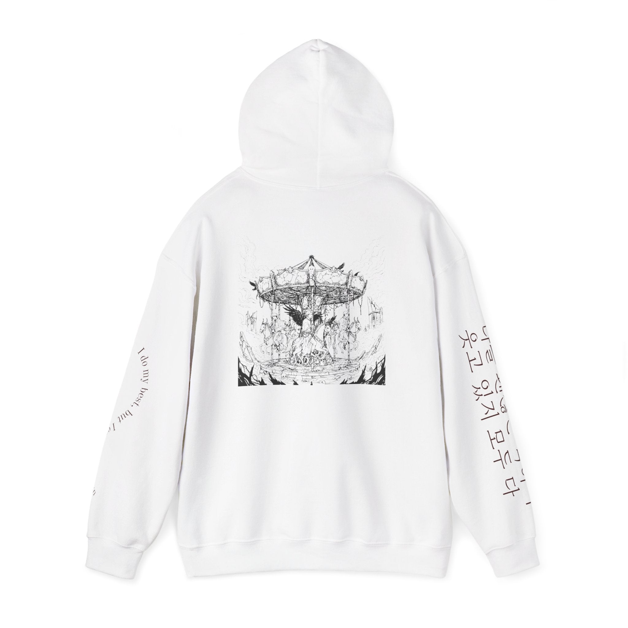 BTS Merry-go-round Arirang 2026 hoodie with carousel illustration, Korean script sleeves, and fun lyric design by Printify.