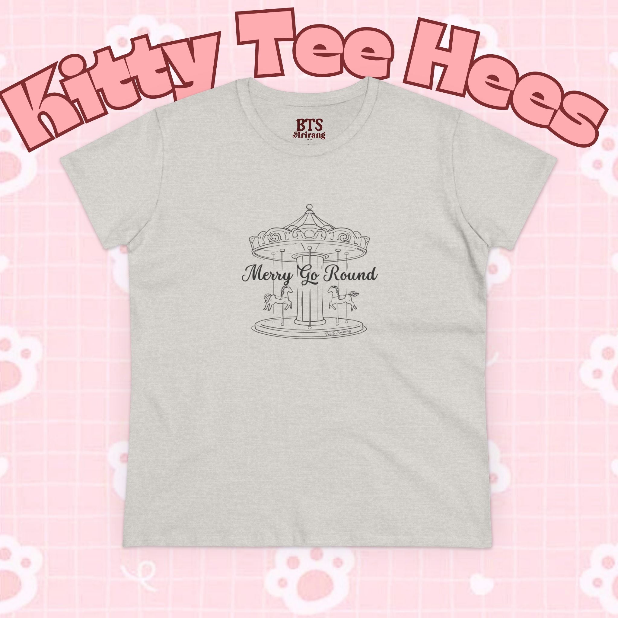 Printed BTS Merry Go Round Arirang 2026 album T-shirt with carousel sketch and lyric script back print, casual unisex tee.