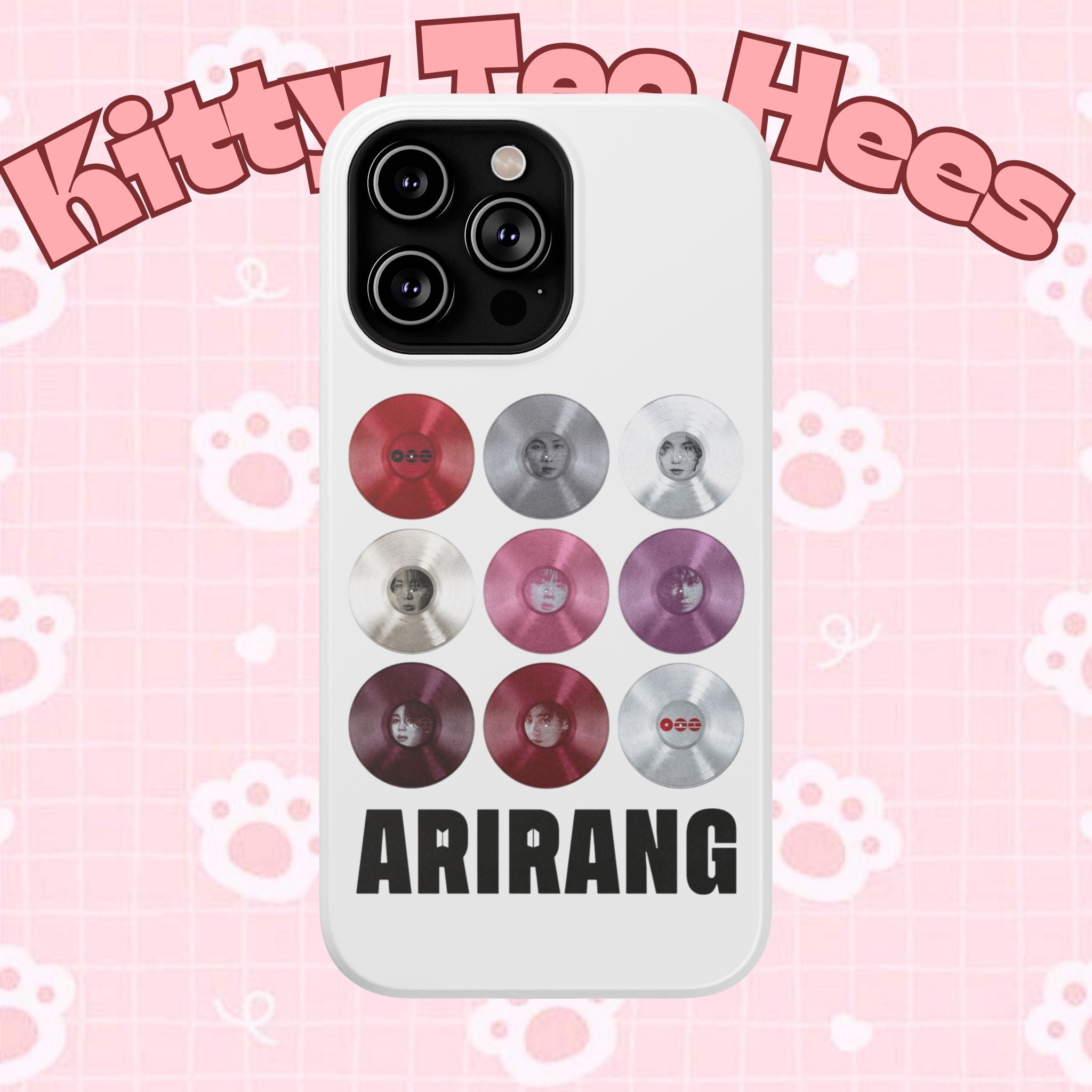 Impact-resistant Printify BTS Arirang vinyl record grid phone case featuring cool BTS fan merch design on a smartphone.