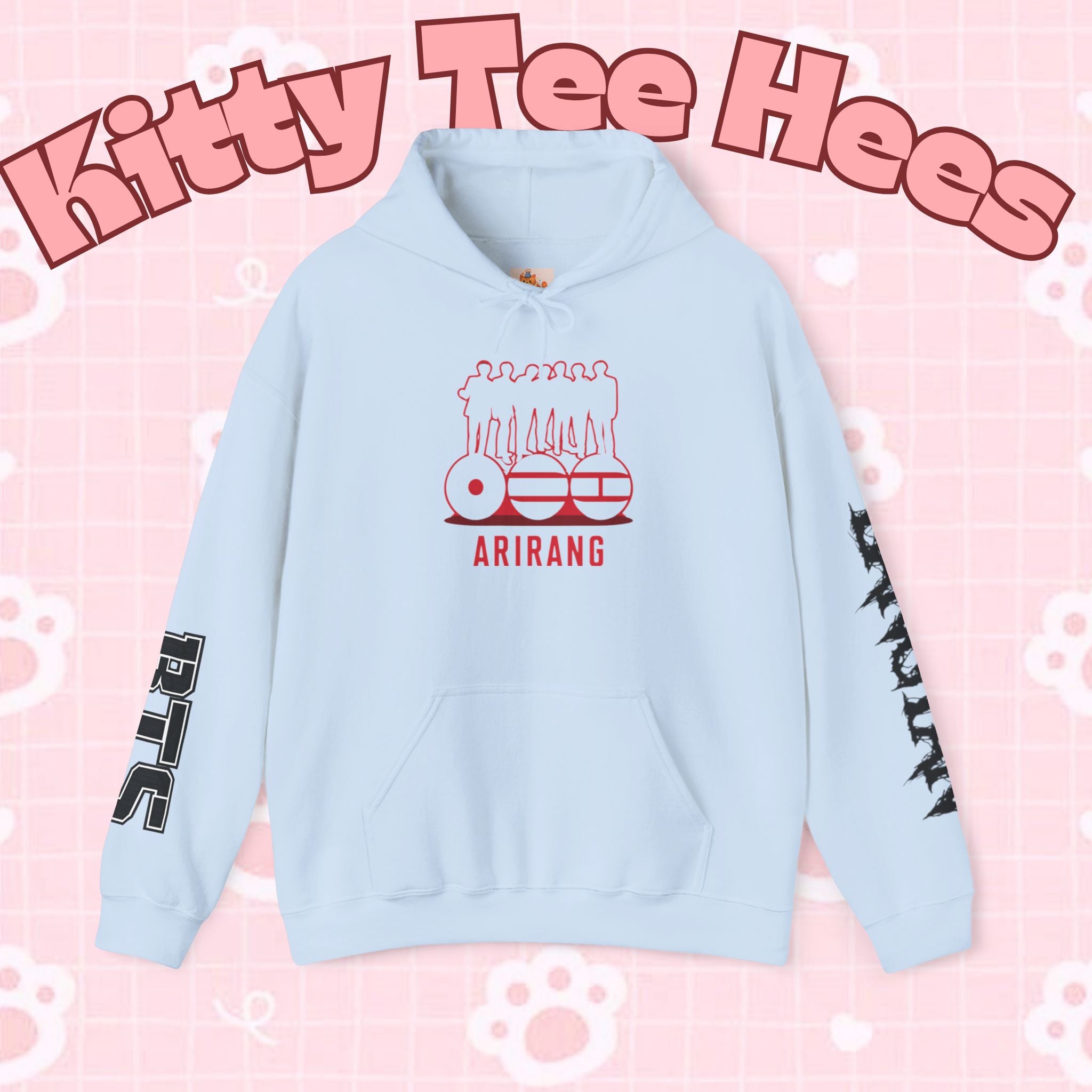 ARIRANG BTS world tour hoodie with graphic design, Bangtan sleeve artwork, comfortable sweatshirt inspired by BTS tour memorabilia.