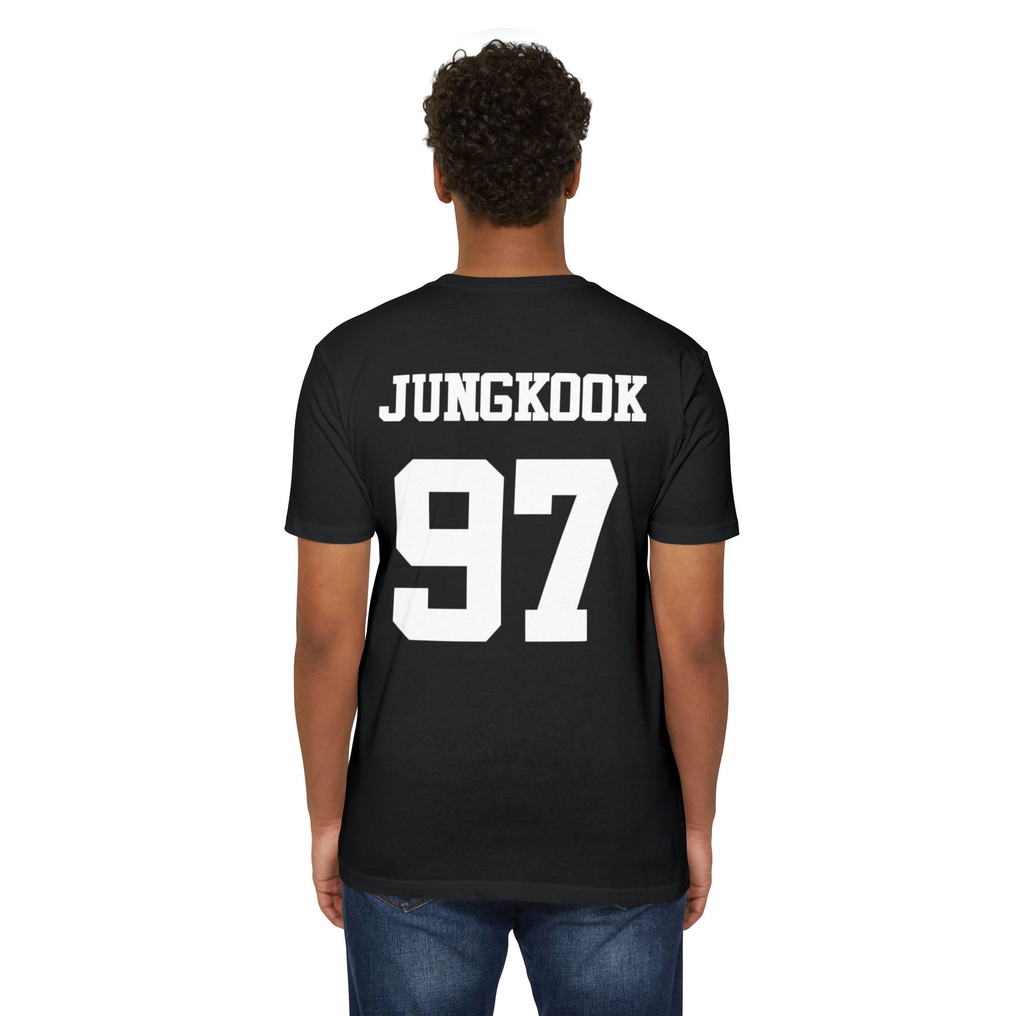 Custom BTS T-shirt featuring member names and images, perfect for K-pop concerts and fan gatherings.
