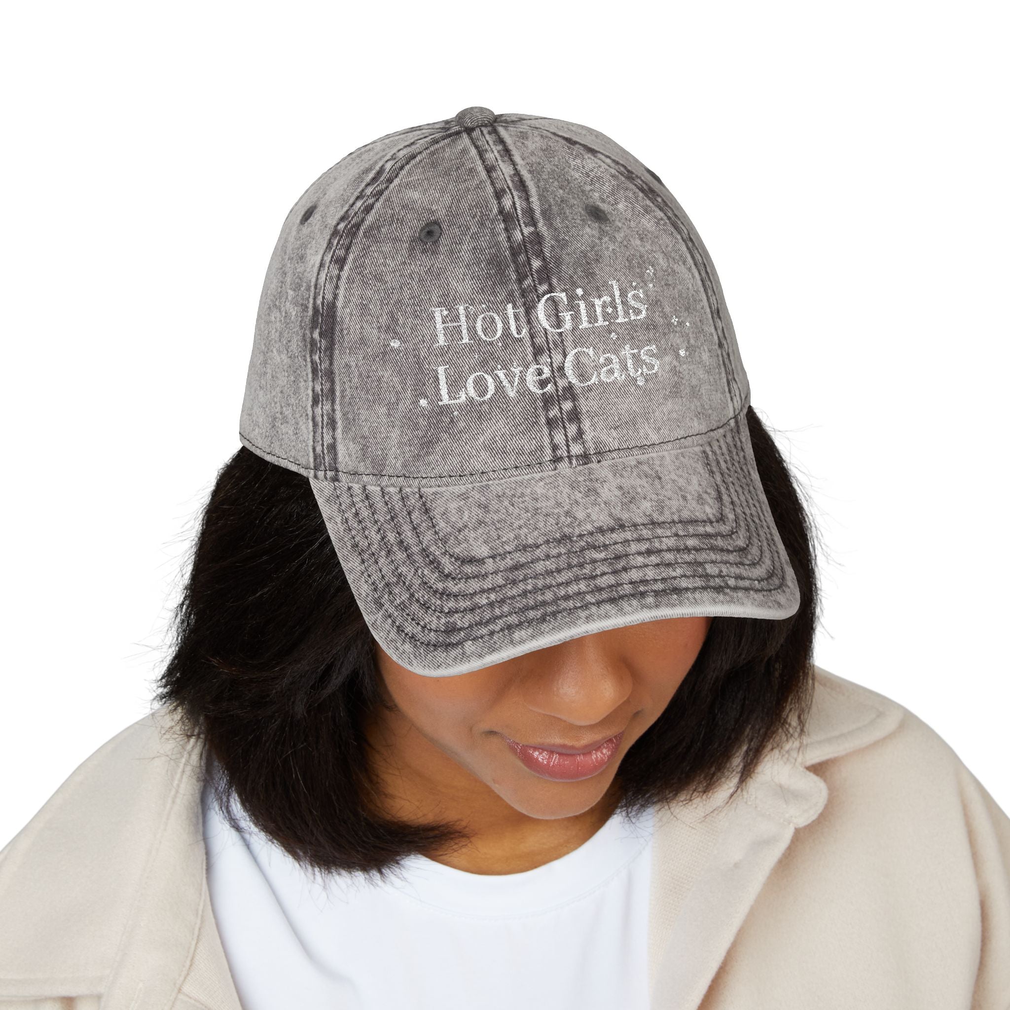 Vintage style embroidered cap featuring "Hot Girls Love Cats" design, casual wear hat by Printify with a trendy, vintage look.