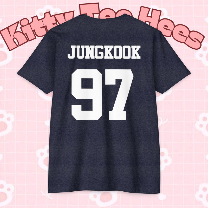 Custom BTS T-shirt from Printify featuring Jungkook, Jimin, Taehyung, J-Hope, RM, Suga, Jin, perfect for K-pop concerts.