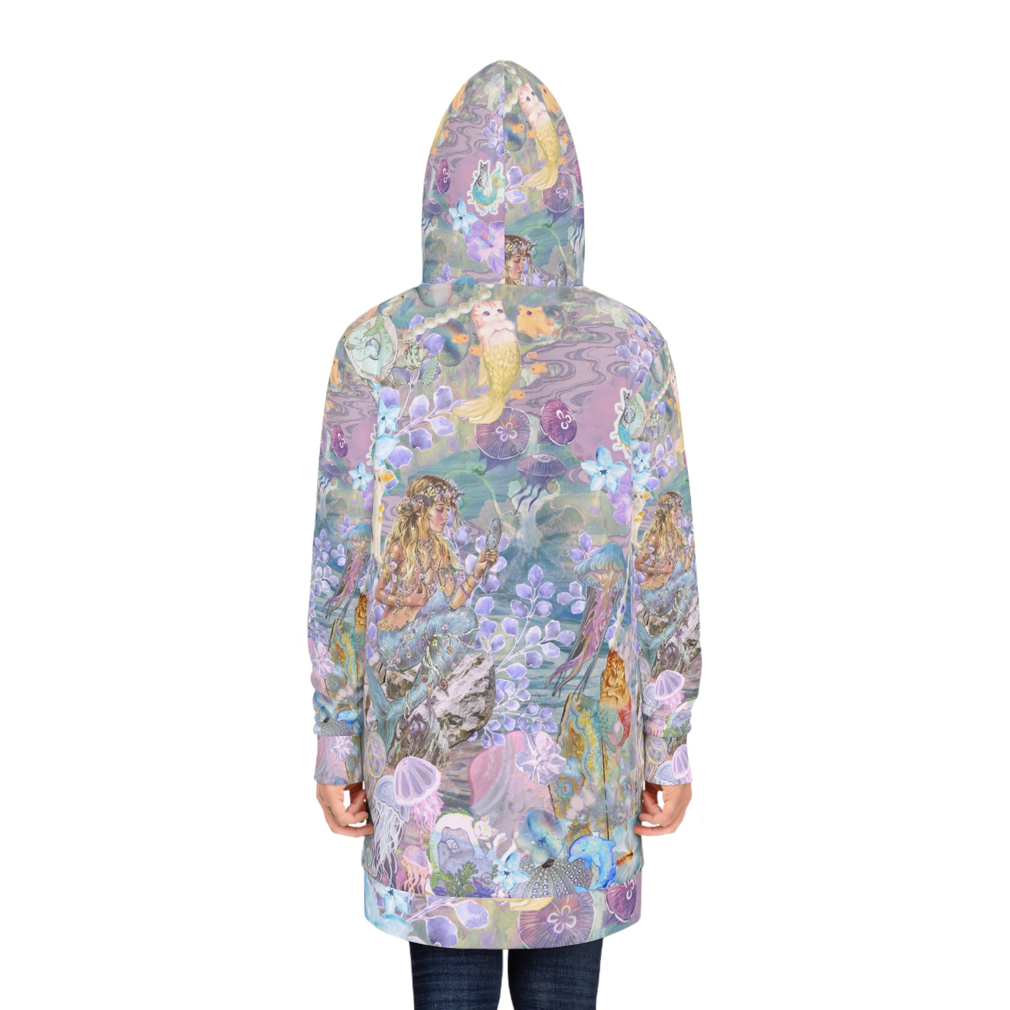 Mermaid Dreams women's hoodie dress with vibrant fantasy print, cozy casual wear ideal for beach days and ocean lovers.