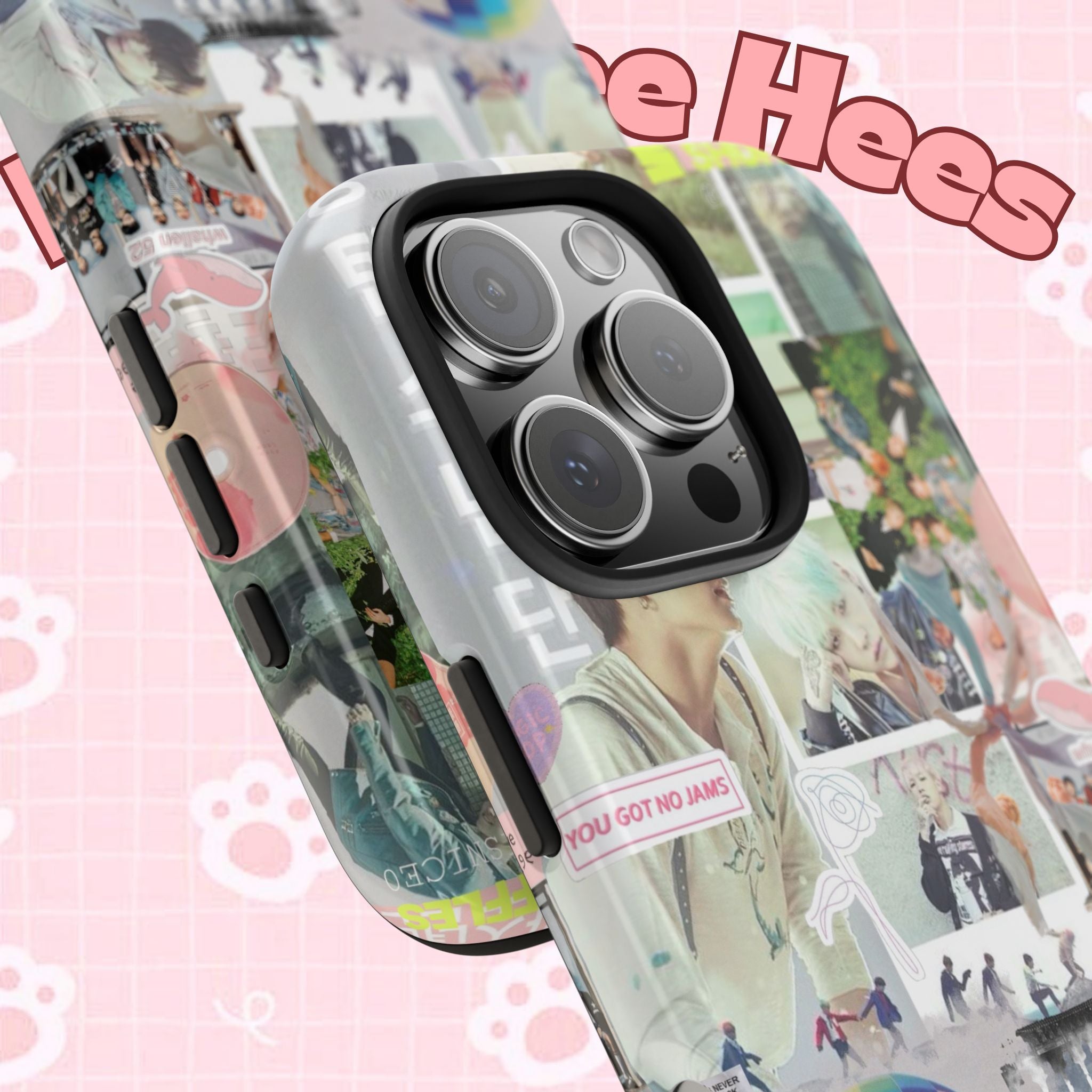 Printify BTS collage phone case for iPhone and Samsung with pastel hot air balloon and K-Pop photo collage design.