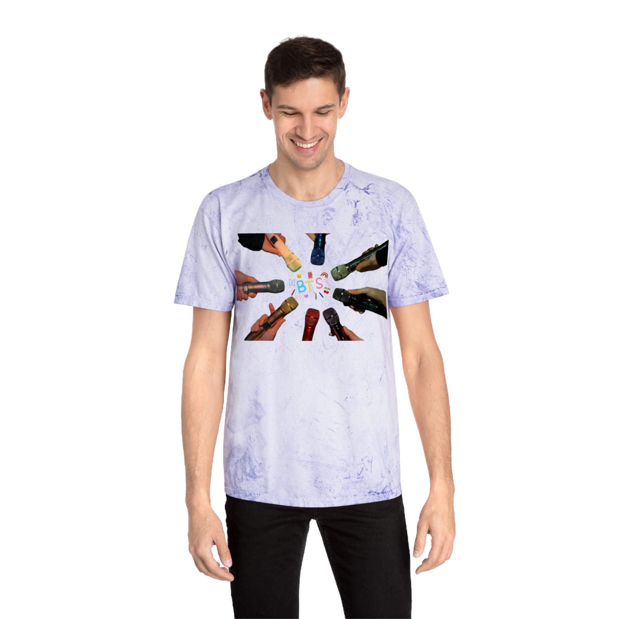 Colorful BTS concert T-shirt featuring rainbow mic and logo design, inspired by K-Pop band BTS, printed by Printify.