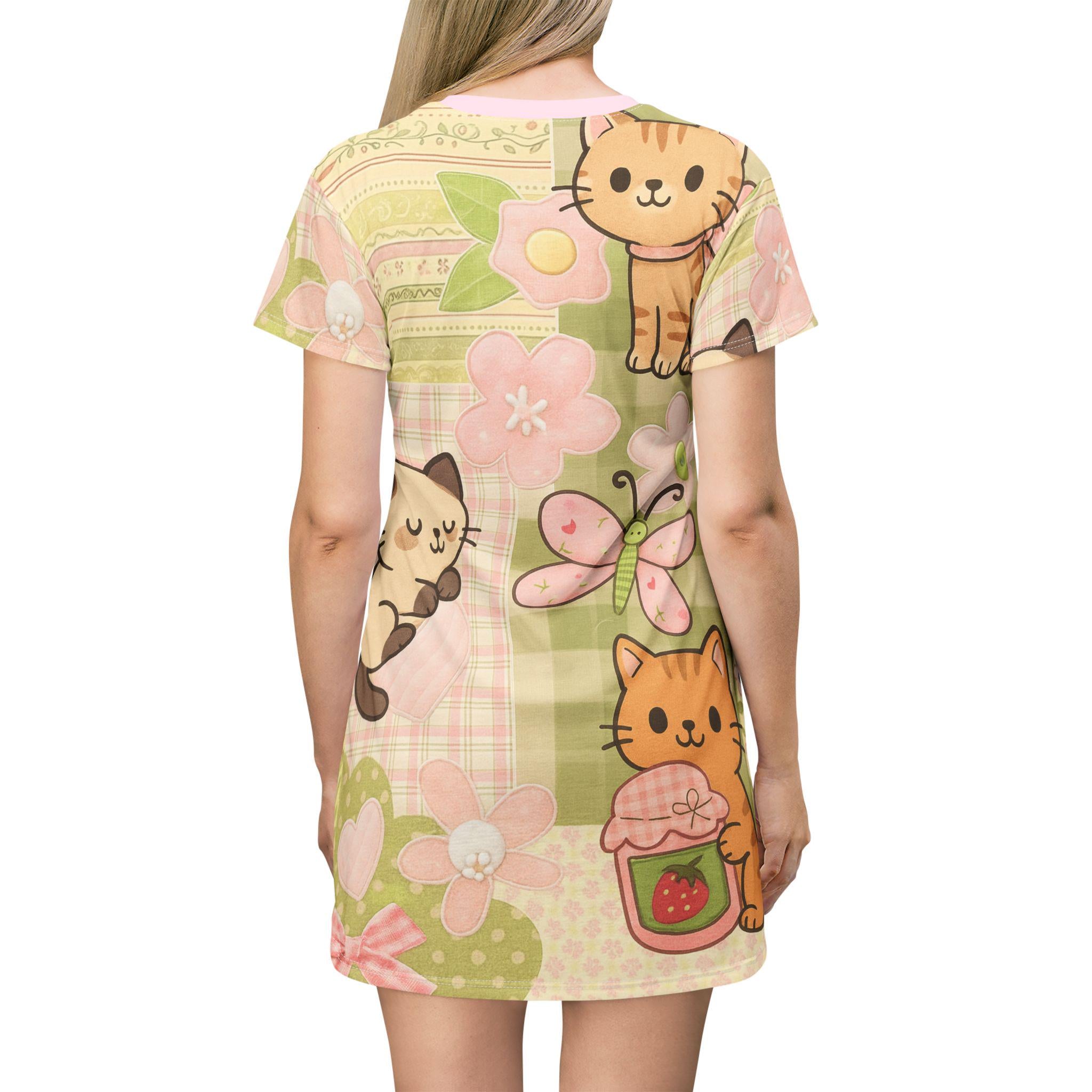 Cat Print T-Shirt Dress, Butterfly Designs, Cat Lover Fashion - Kitty TeeHees