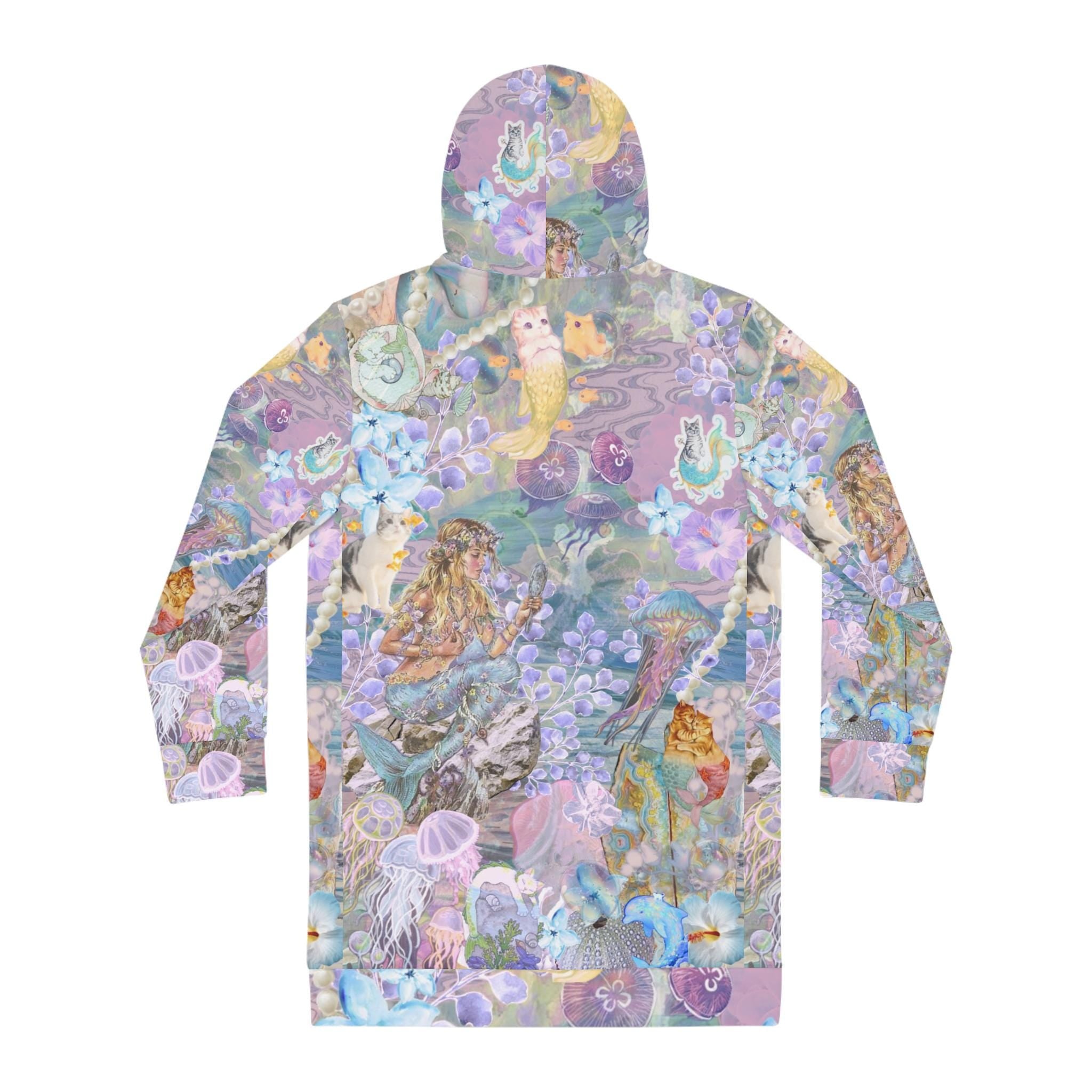 Mermaid Dreams Hoodie Dress, catlober dress, casual petlover dress, Vibrant Fantasy Print clothes, Cozy Casual Wear - Kitty TeeHees