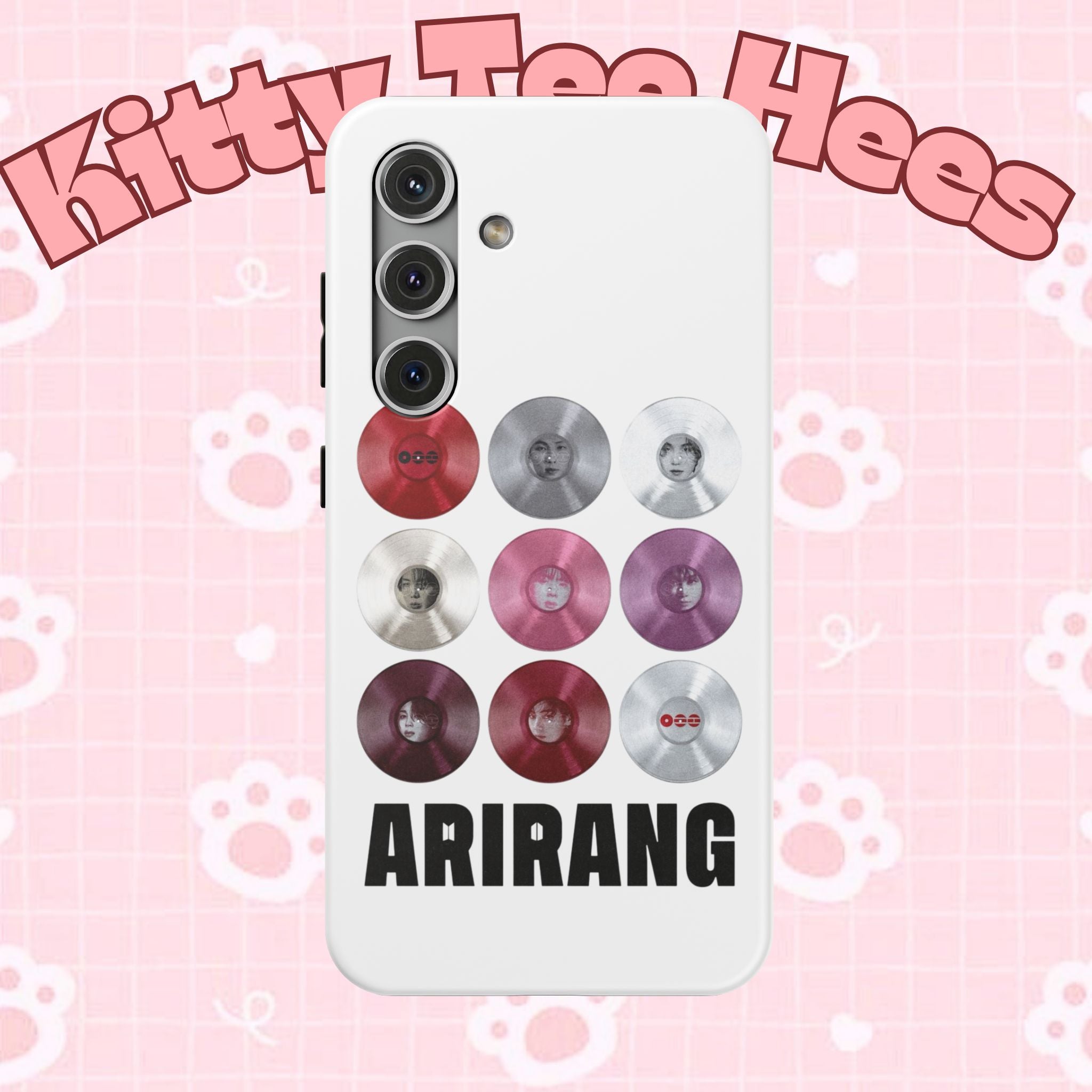 Impact-resistant Printify phone case featuring Bangtan Arirang BTS vinyl record grid design, ideal for BTS fans.