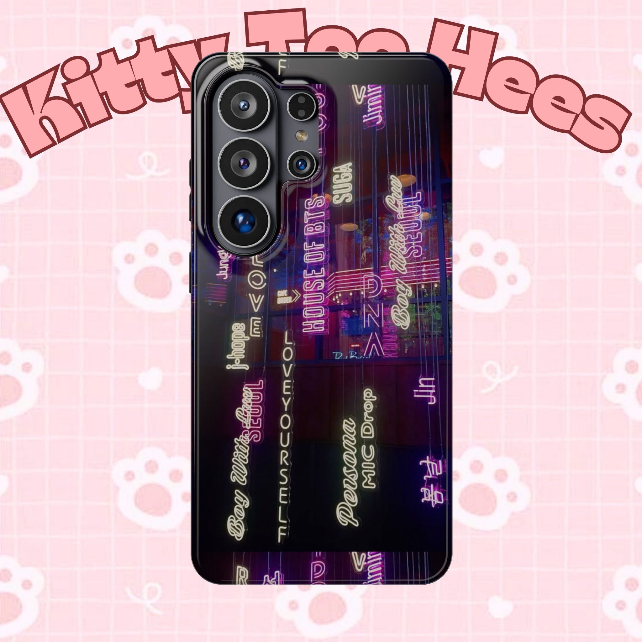 Neon Korean script BTS phone case for iPhone and Samsung, impact-resistant design with bold BTS branding and vibrant colors