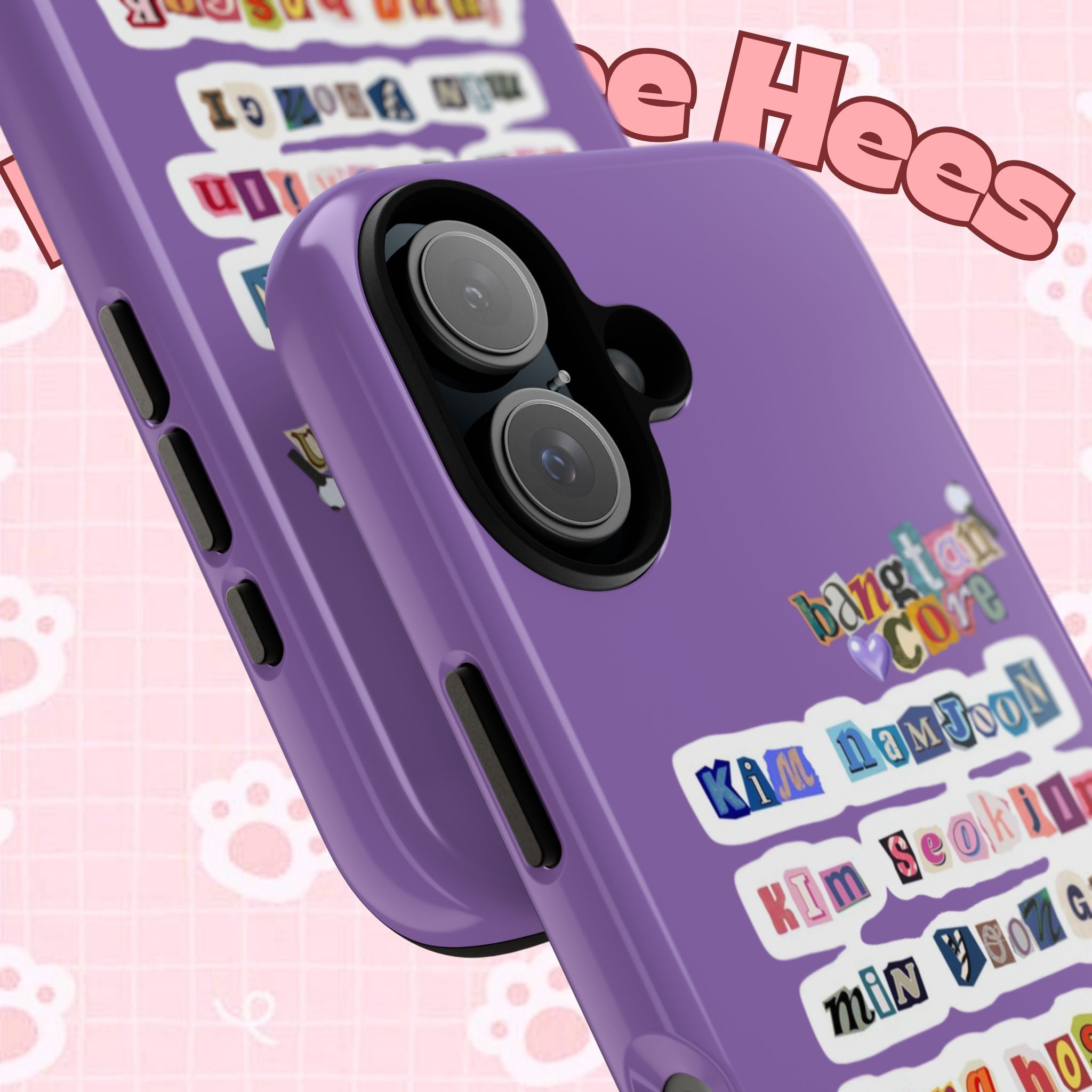 BTS member names phone case featuring Jungkook, Jimin, and RM for iPhone 17, tough Printify Bangtan Boys design.