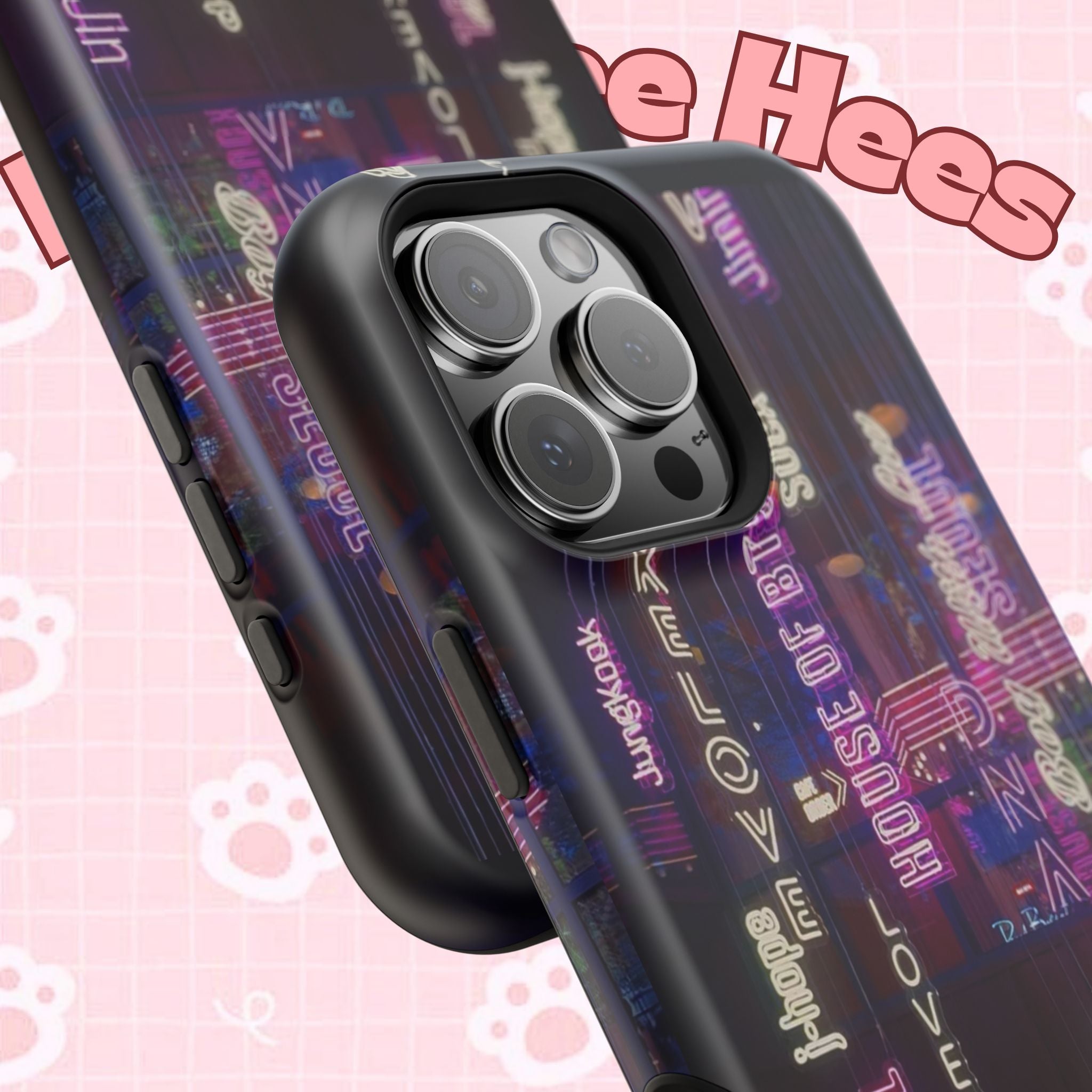 Impact-resistant BTS phone case with neon Korean script design for iPhone and Samsung, featuring bold Bangtan Sonyeondan branding.