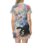 Whimsical Floral T-Shirt Dress | Black Cat Art, Bohemian Style - Kitty TeeHees