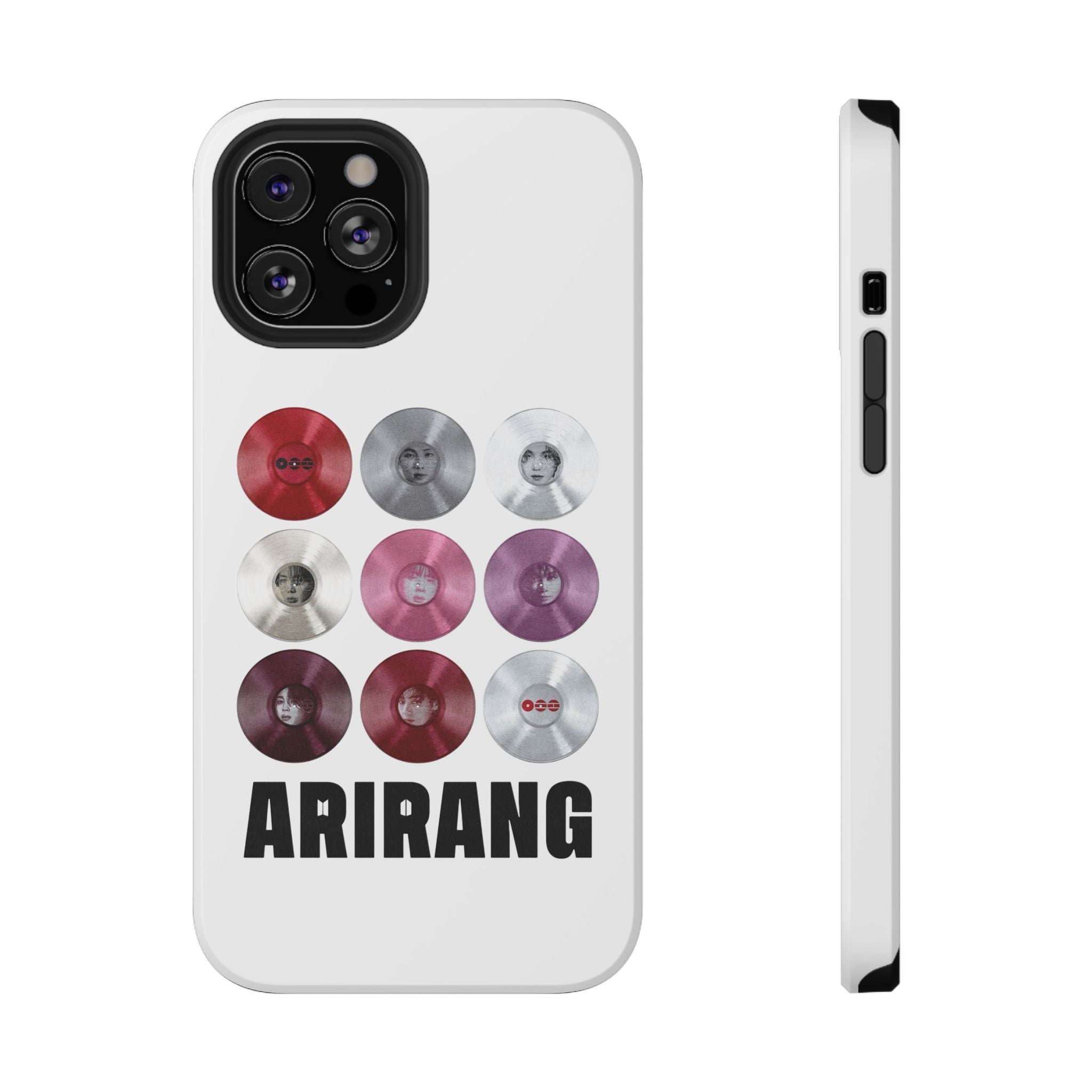 Printify BTS Arirang vinyl record grid phone case featuring impact-resistant design and fan merchandise artwork.