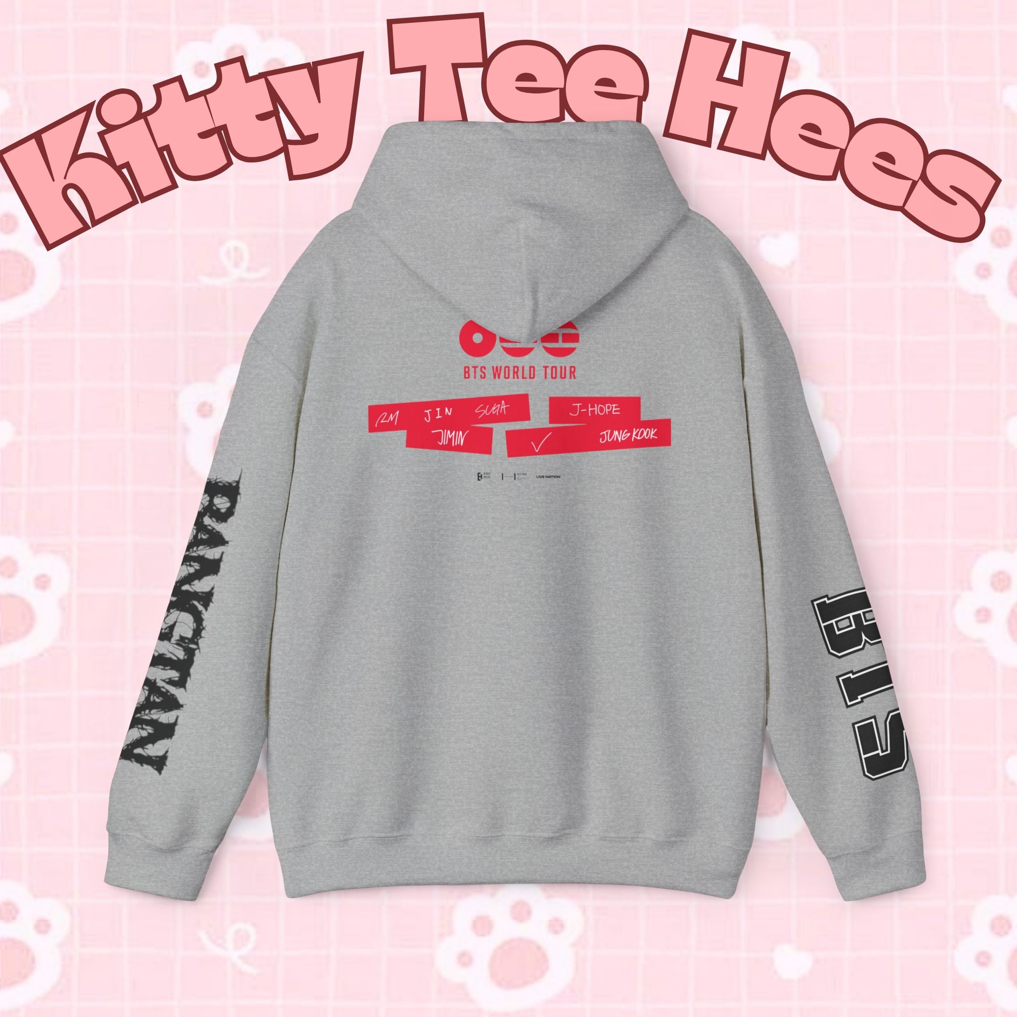 ARIRANG BTS world tour hoodie with Bangtan sleeve design, printed sweatshirt featuring graphic BTS tour-inspired artwork.